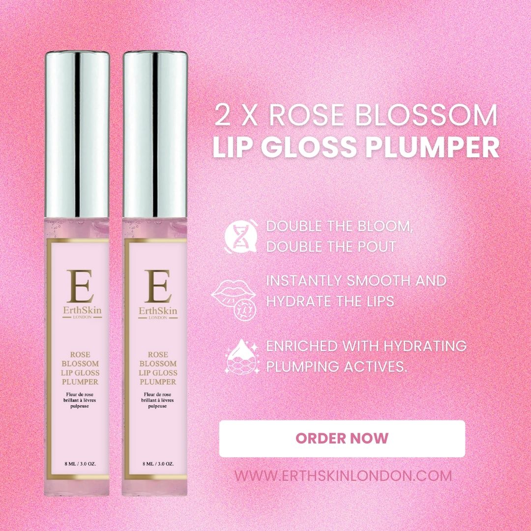 Zwei Lipgloss-Tuben neben Text. Text: "2 x Rose Blossom Lip Gloss Plumper", "Double the Bloom, Double the Pout".