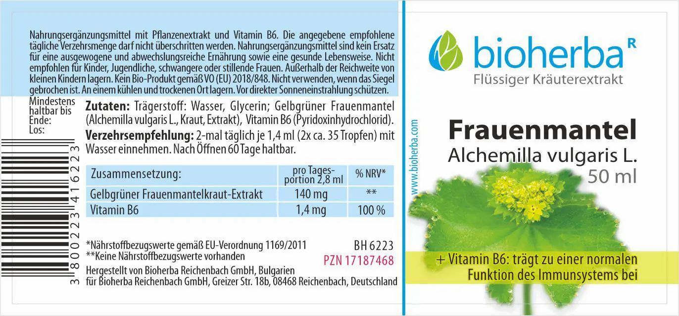 Etikett mit Produktnamen, Logo und Inhaltsangaben. "Frauenmantel Alchemilla vulgaris L. 50 ml". Enthält Vitamin B6.
