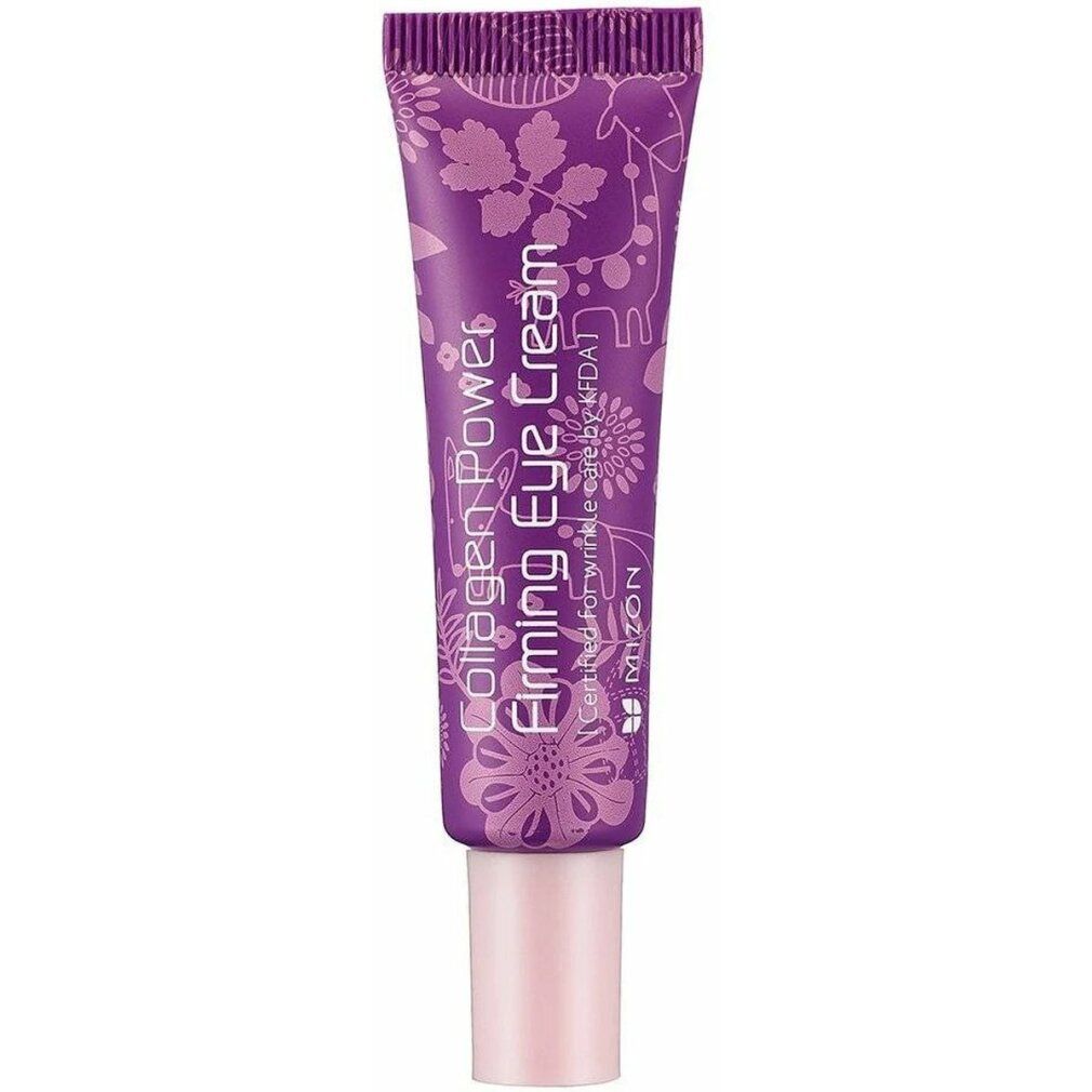 Lila Tube MIZON Collagen Power Firming Eye Cream. Floralmuster. Rosa Kappe. Text: Collagen Power Firming Eye Cream.