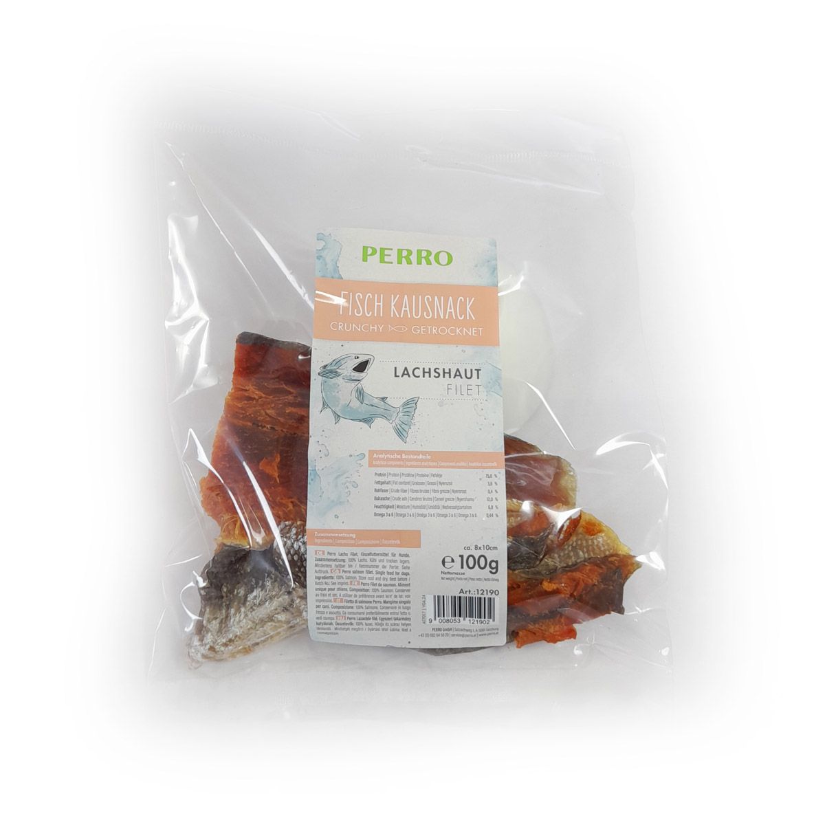 Verpackung mit Fisch-Kausnack. Aufdruck: PERRO, FISCH KAUSNACK, LACHSHAUT FILETS. Inhalt: Lachsfilet-Stücke.