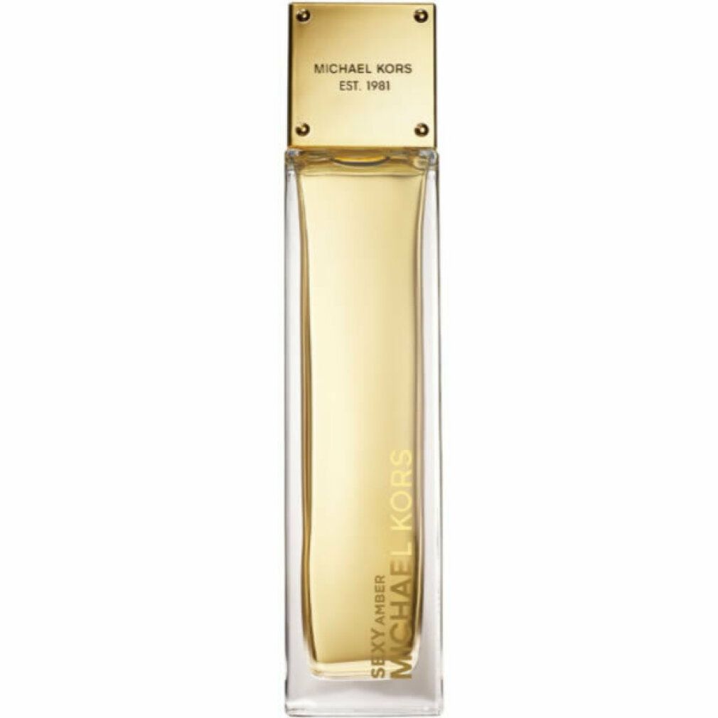 Parfümflasche. Rechteckige Form, goldfarbener Deckel. Aufschrift: MICHAEL KORS SEXY AMBER. Flüssigkeit bernsteinfarben.