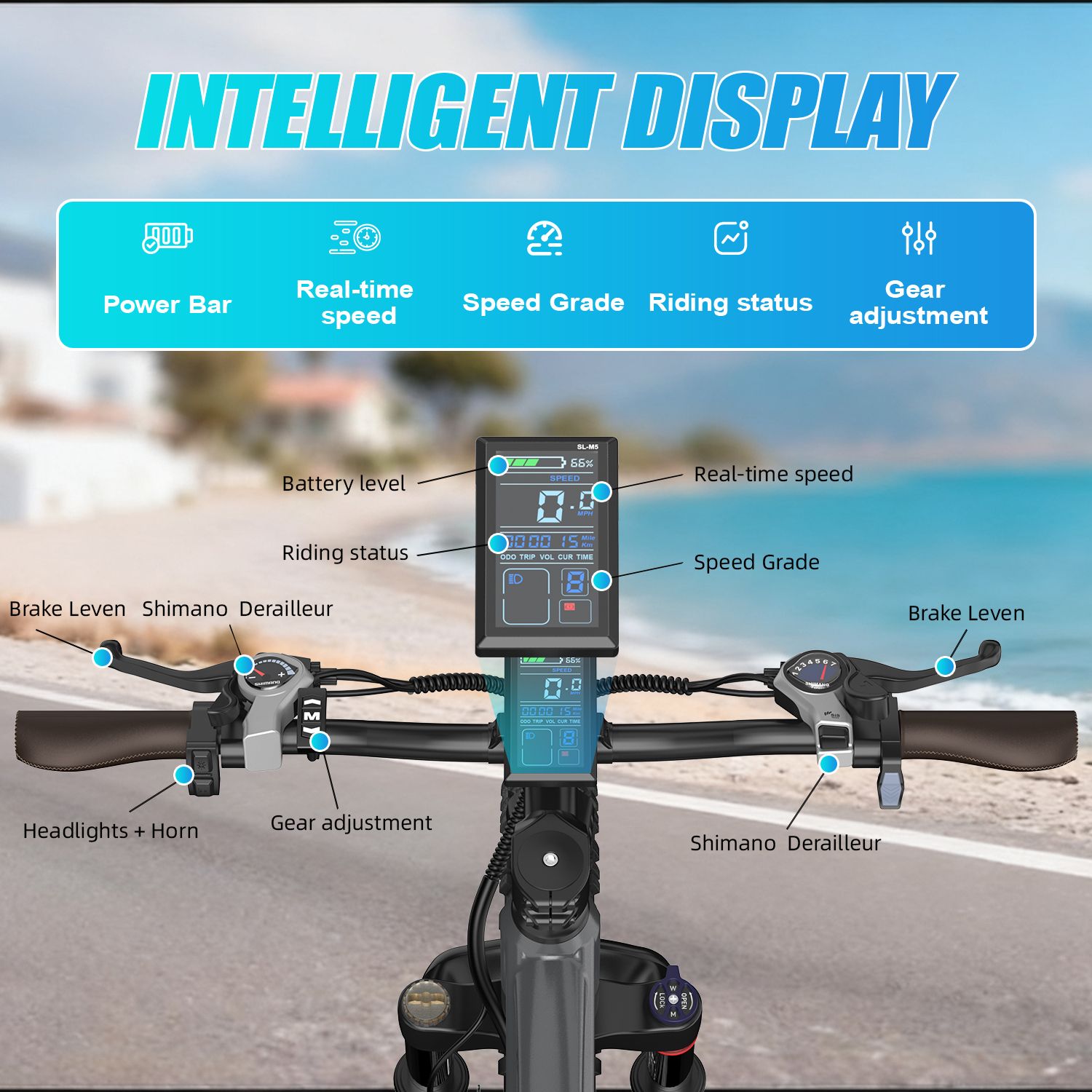 Nahaufnahme des Lenkers eines E-Bikes mit intelligentem Display. Zeigt Informationen wie Geschwindigkeit und Batteriestand.
