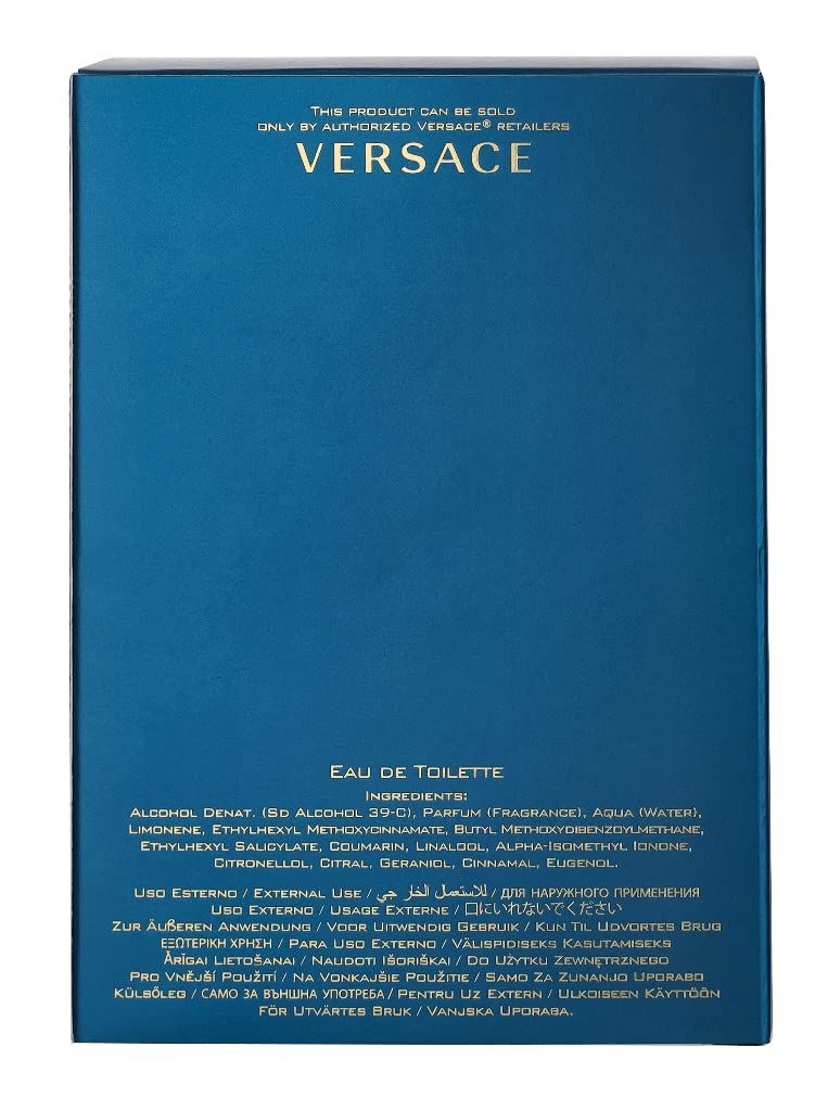 Blaue Schachtel mit Inhaltsstoffen und Text in mehreren Sprachen. Aufschrift: VERSACE. Eau de Toilette.