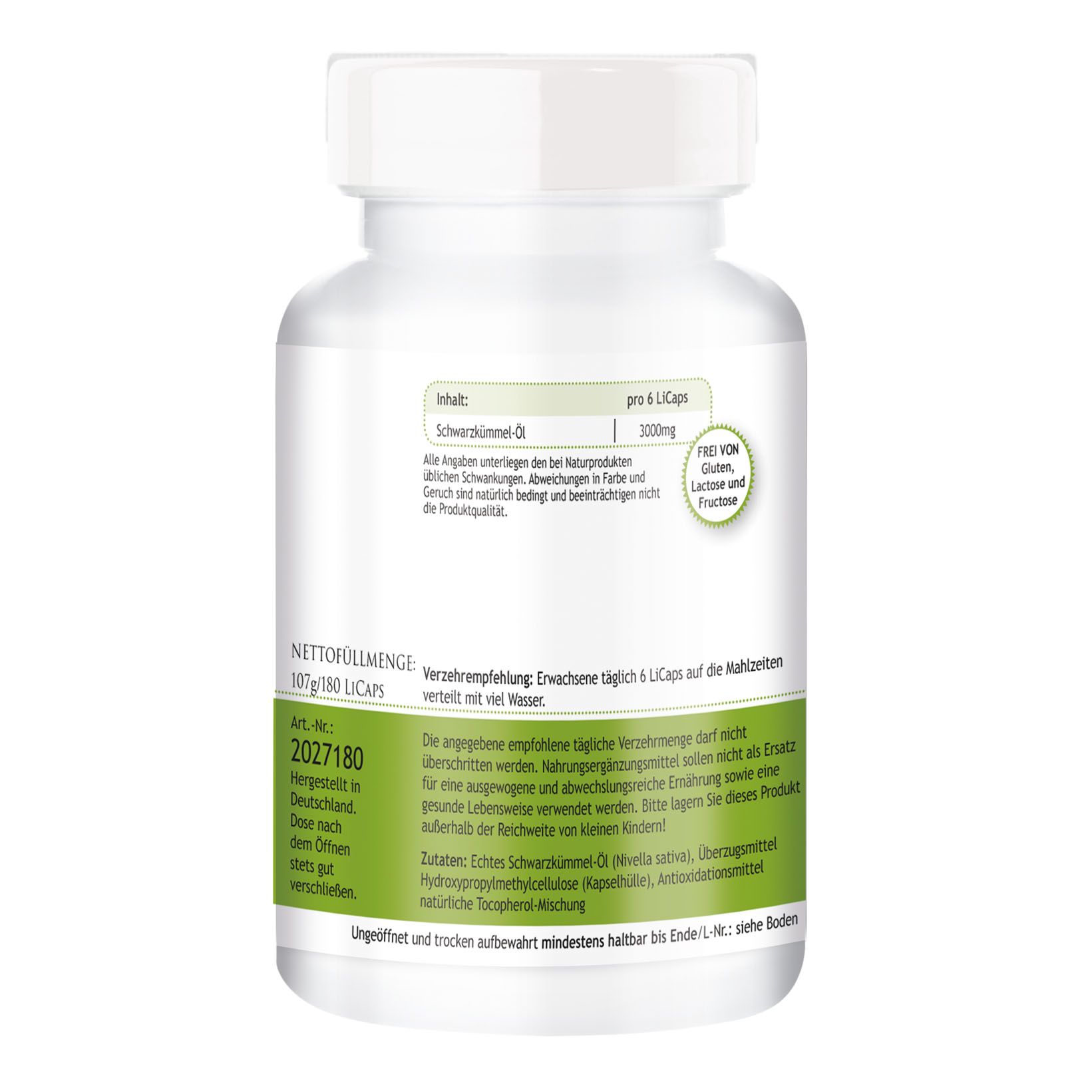 Rückseite der Kapsel-Dose. Text: "SCHWARZKÜMMEL-ÖL". Angaben zu Inhaltsstoffen und Verzehrempfehlung. Logo "Herbadirekt".