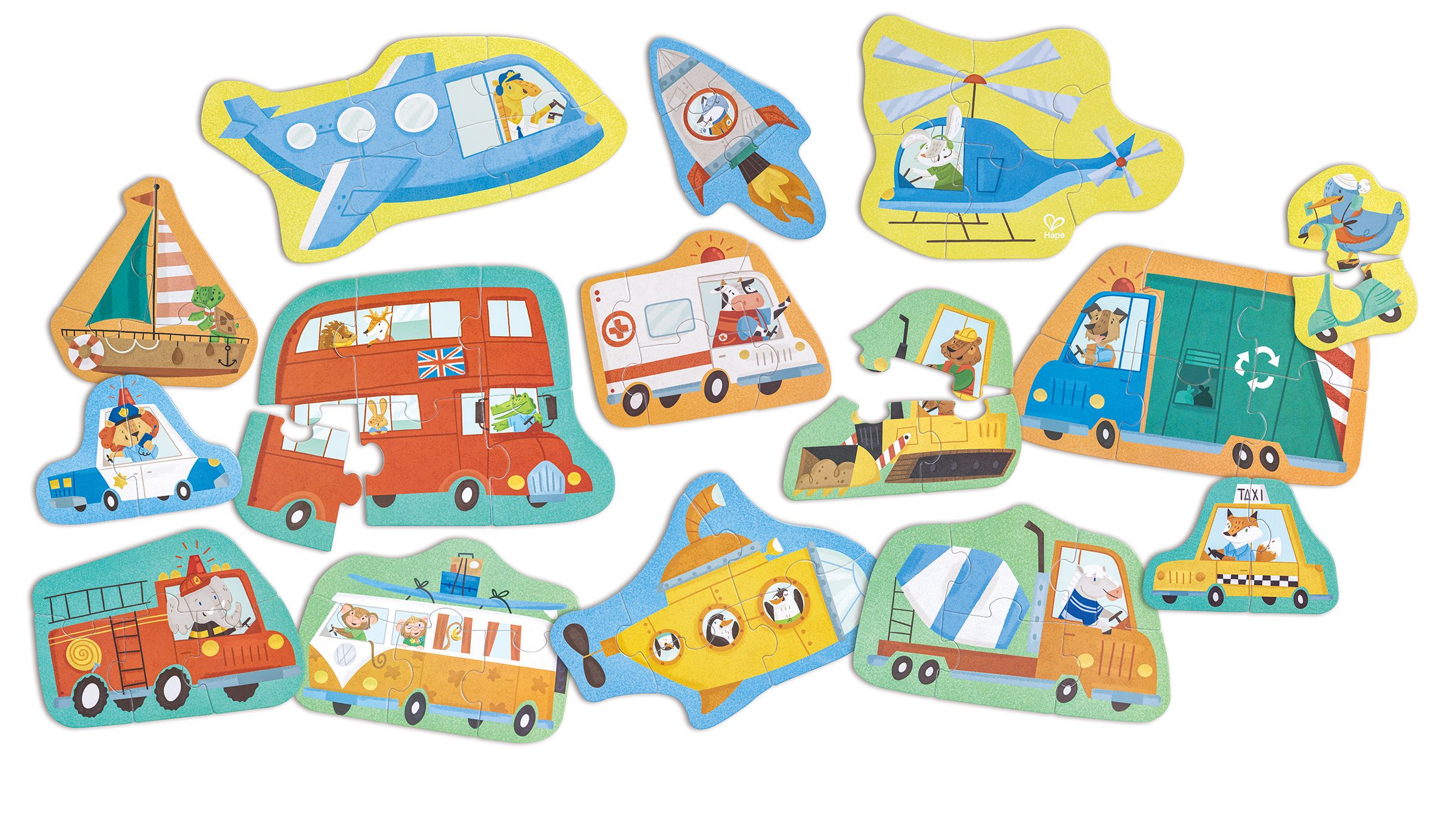 Puzzleteile mit Fahrzeugen: Flugzeug, Rakete, Hubschrauber, Segelboot, Bus, Krankenwagen, Bagger, Müllwagen, U-Boot, Feuerwehr.