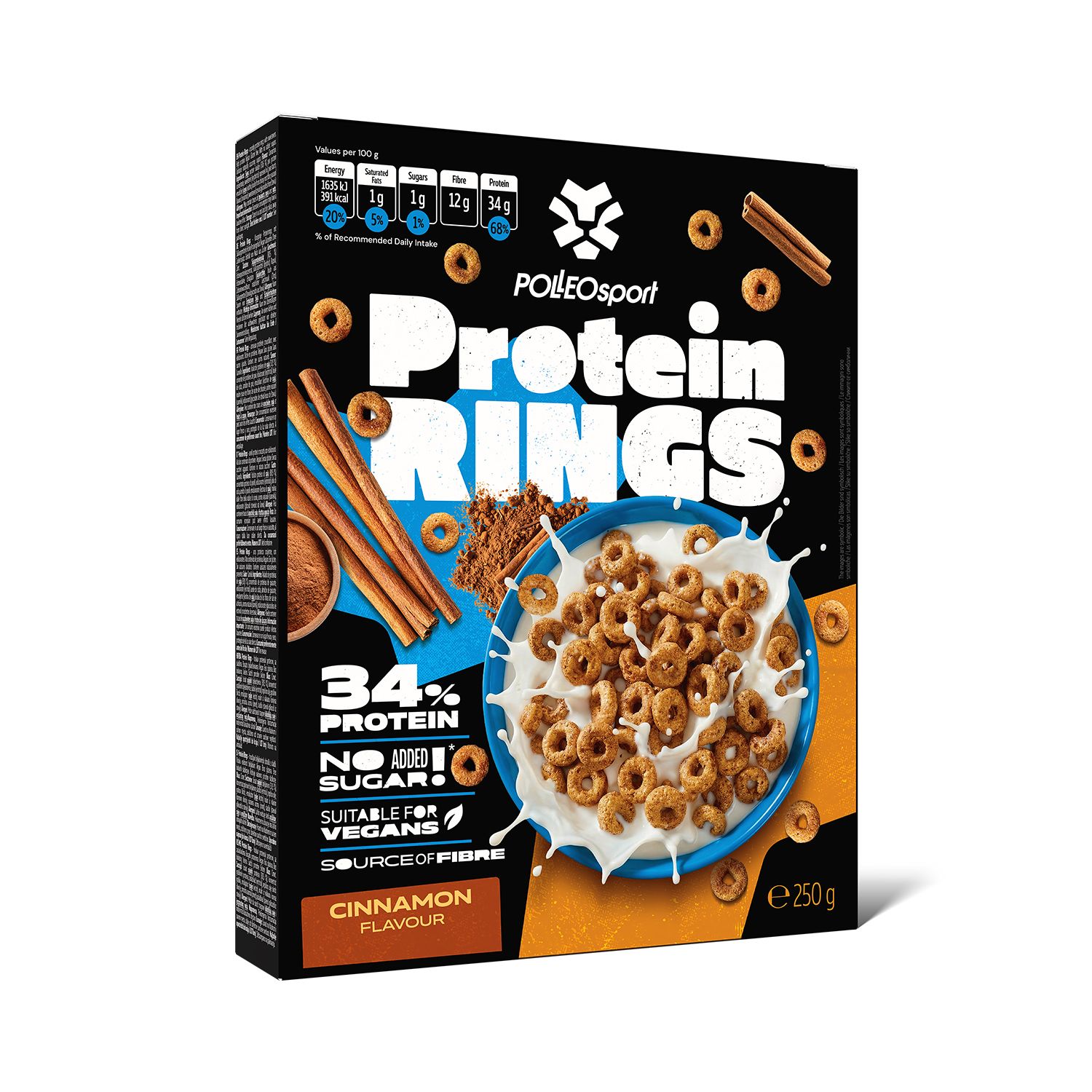 Verpackung mit Protein Rings. Aufschrift: 34% Protein, ohne Zuckerzusatz, für Veganer geeignet, Zimtgeschmack. Marke: POLLEOsport.