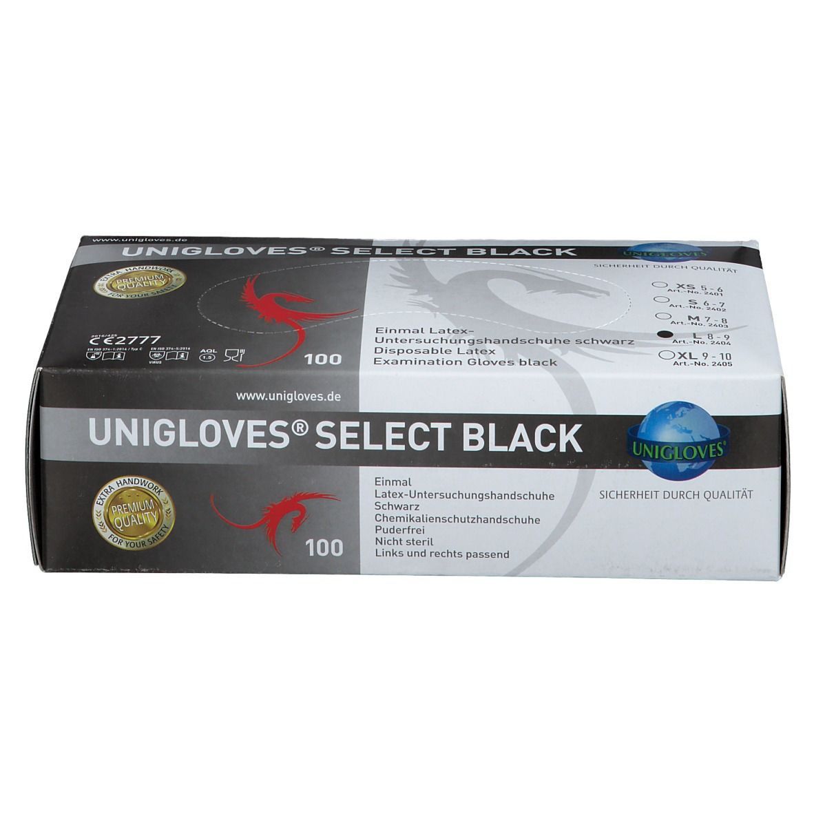 Schwarze Handschuhbox. Aufschrift: UNIGLOVES® SELECT BLACK. Enthält 100 Einmalhandschuhe. Größenangaben. CE-Kennzeichnung.