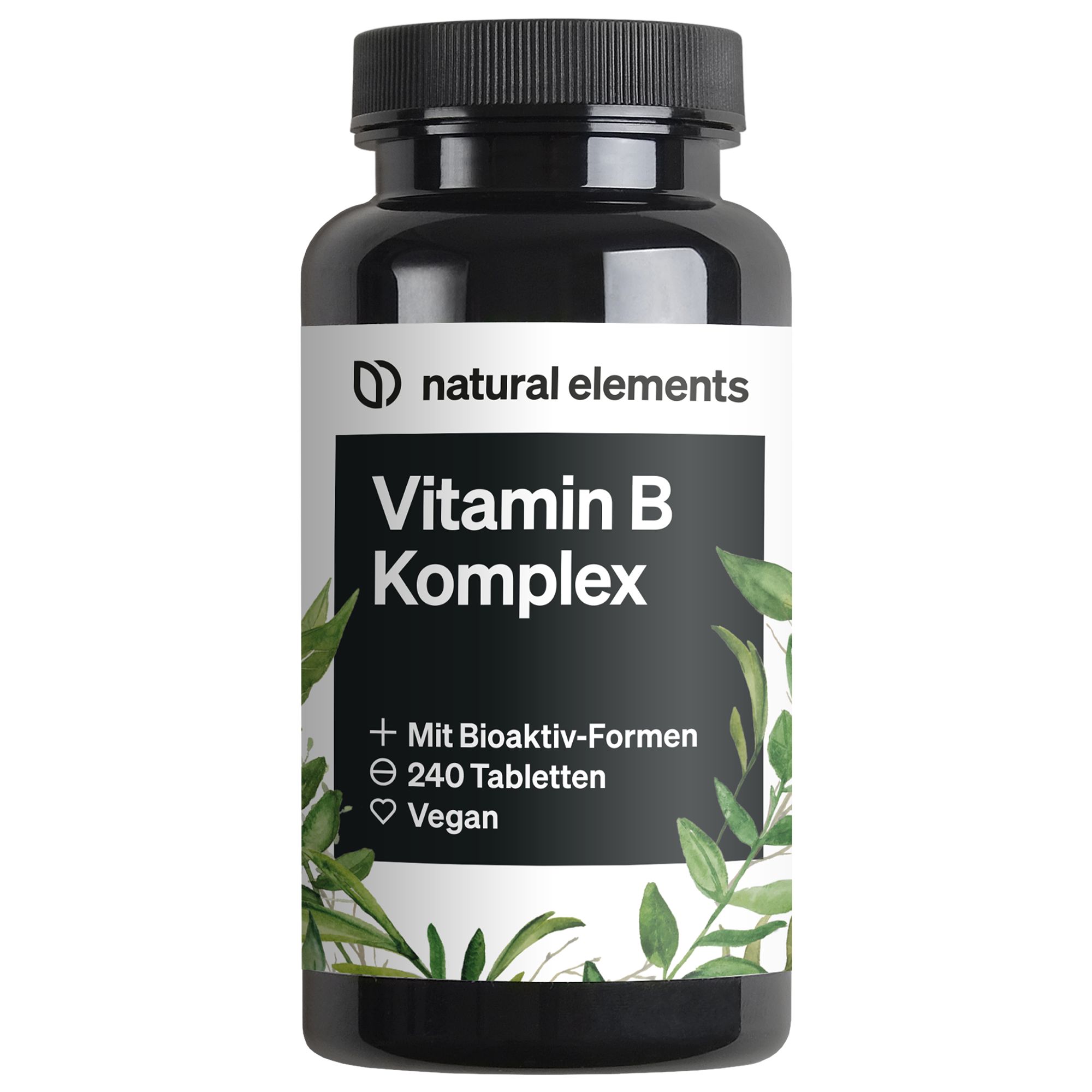 Schwarze Flasche mit Vitamin B Komplex. Weißes Etikett mit Produktnamen und Details. 240 Tabletten, vegan.