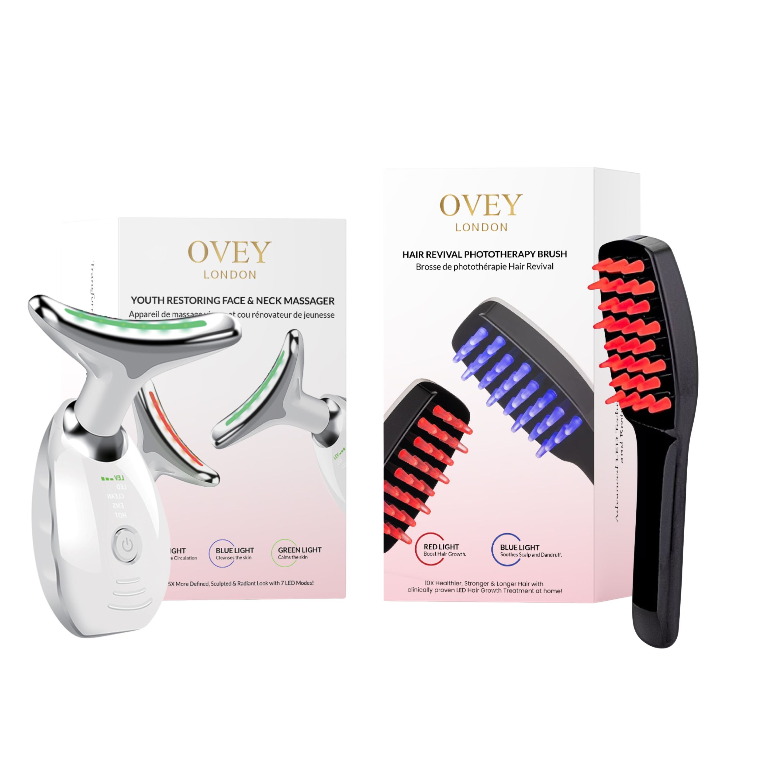Zwei Produktverpackungen. Links: Gesichtsmassagegerät. Rechts: Haarbürste mit roten und blauen LEDs. Beide Produkte sind weiß verpackt.