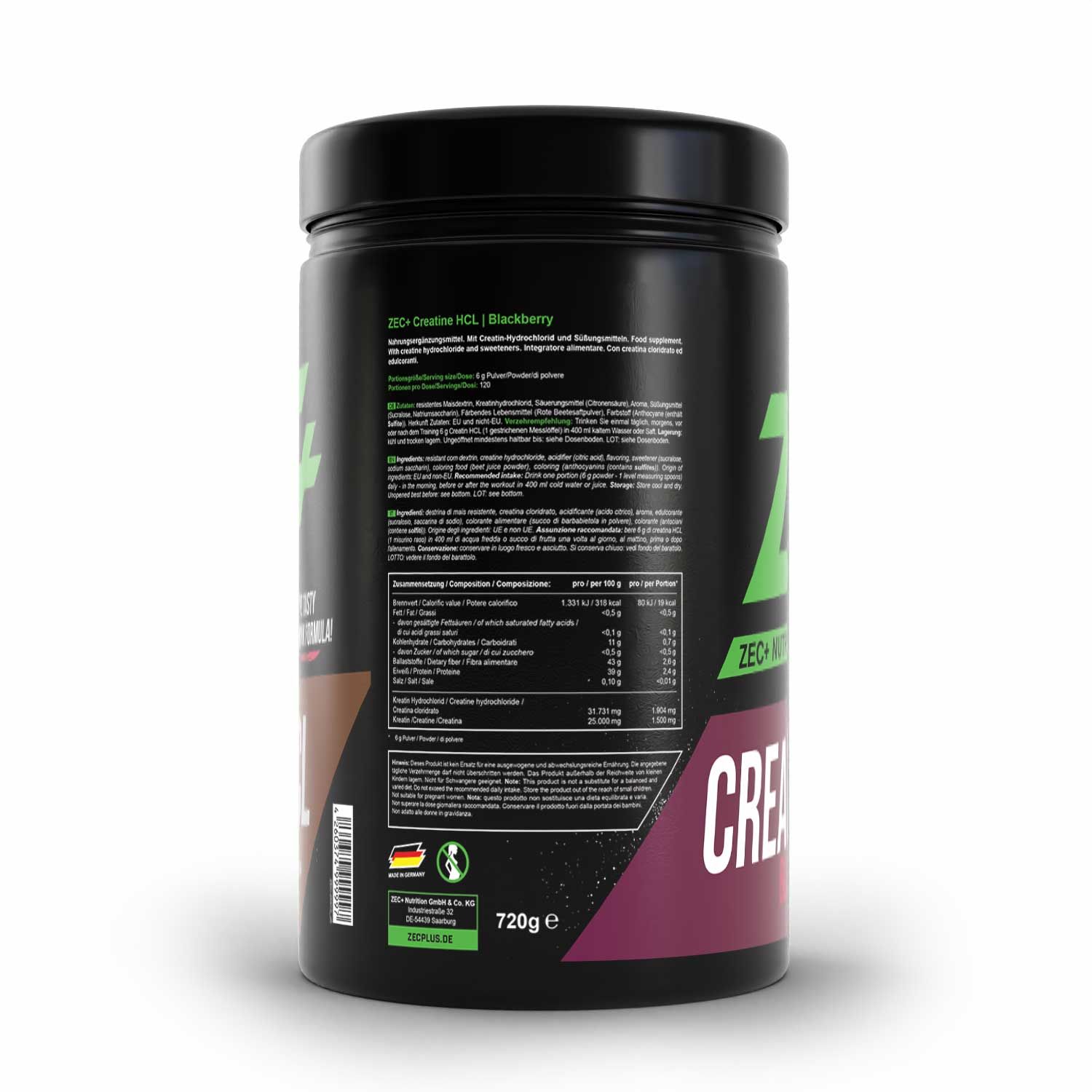 Rückseite der schwarzen Dose mit Text und Nährwertangaben. ZEC+ Logo und CREATINE HCL. 720g.