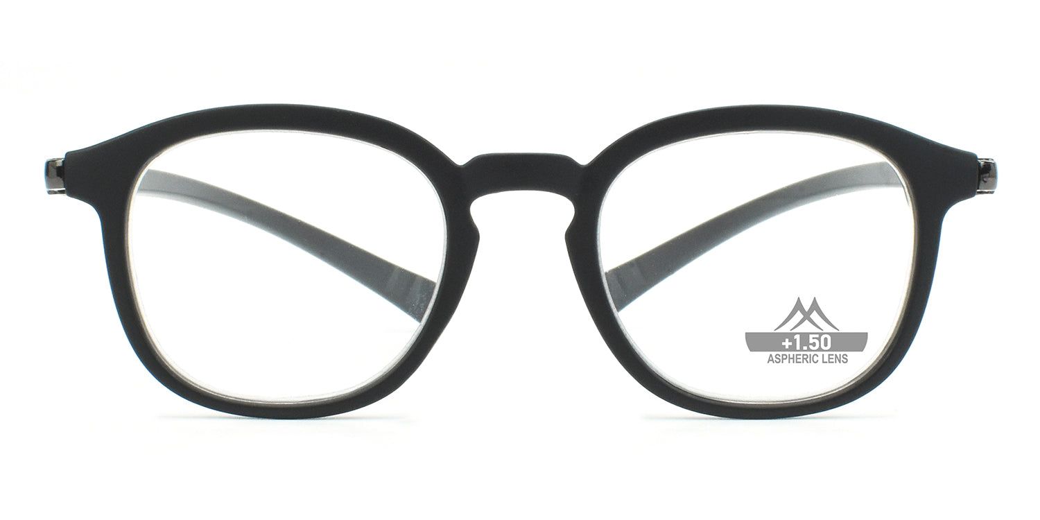 Schwarze Brille mit runden Gläsern. Auf einem Glas steht "+1.50 ASPHERIC LENS".