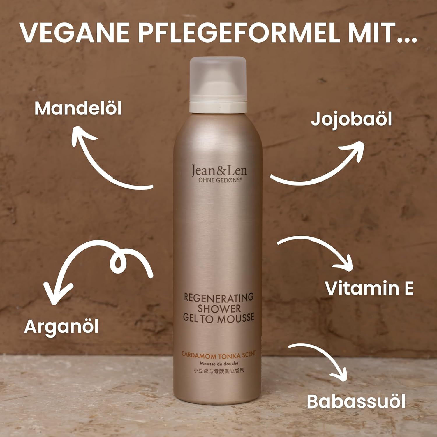 Beige Flasche mit weißem Pumpkopf. Aufschrift: Jean & Len, Regenerating Shower Gel to Mousse. Pfeile zeigen auf Inhaltsstoffe.