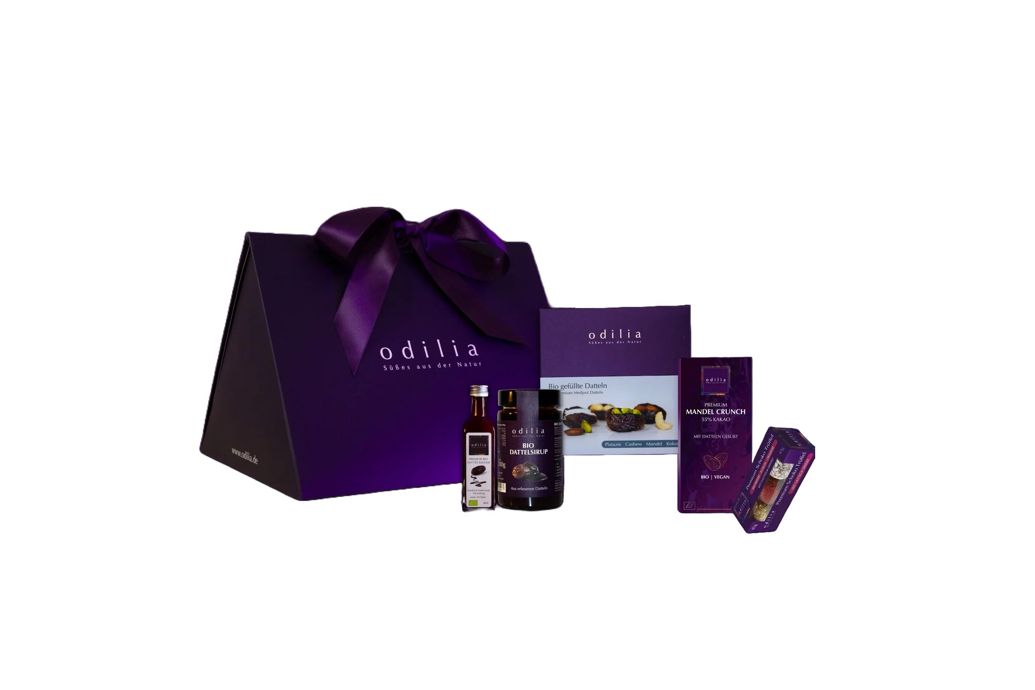 Geschenkset von Odilia mit Dattelsirup, Datteln und Schokolade.