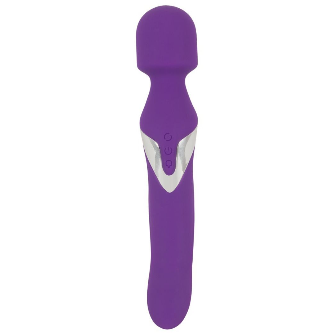 Lila Vibrator mit abgerundetem Kopf. Silberfarbene Akzente mit drei Knöpfen. Schlanke Form.