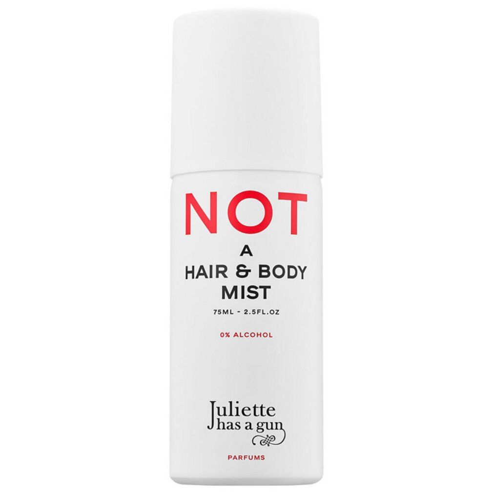 Zylindrische Flasche mit Sprühkopf. Aufschrift: NOT A HAIR & BODY MIST. 0% Alkohol. Marke: Juliette has a gun.