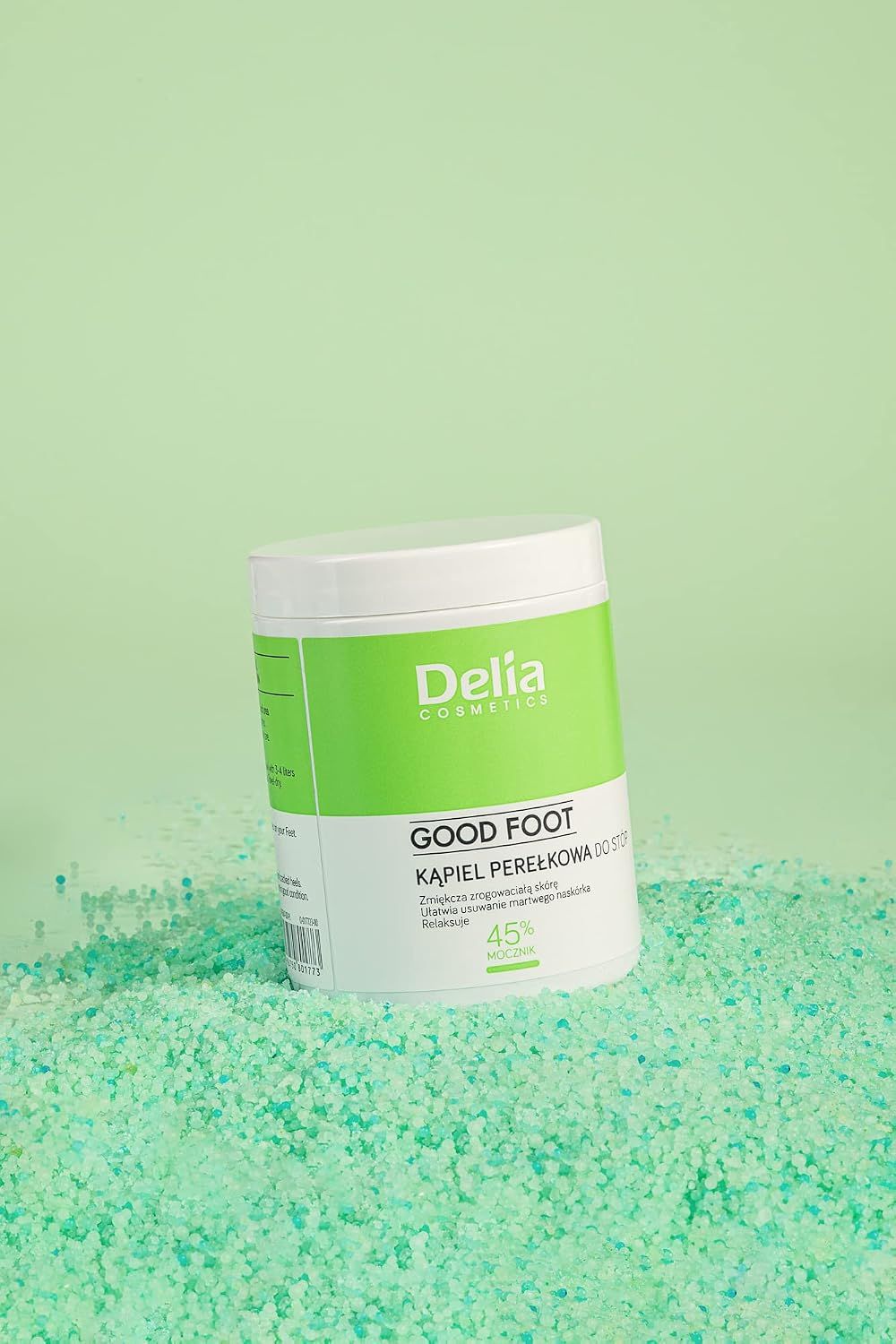 Delia Cosmetics Gute Füße Perlen-Fußbad: Weißer Behälter mit grüner Beschriftung, 45% Urea.