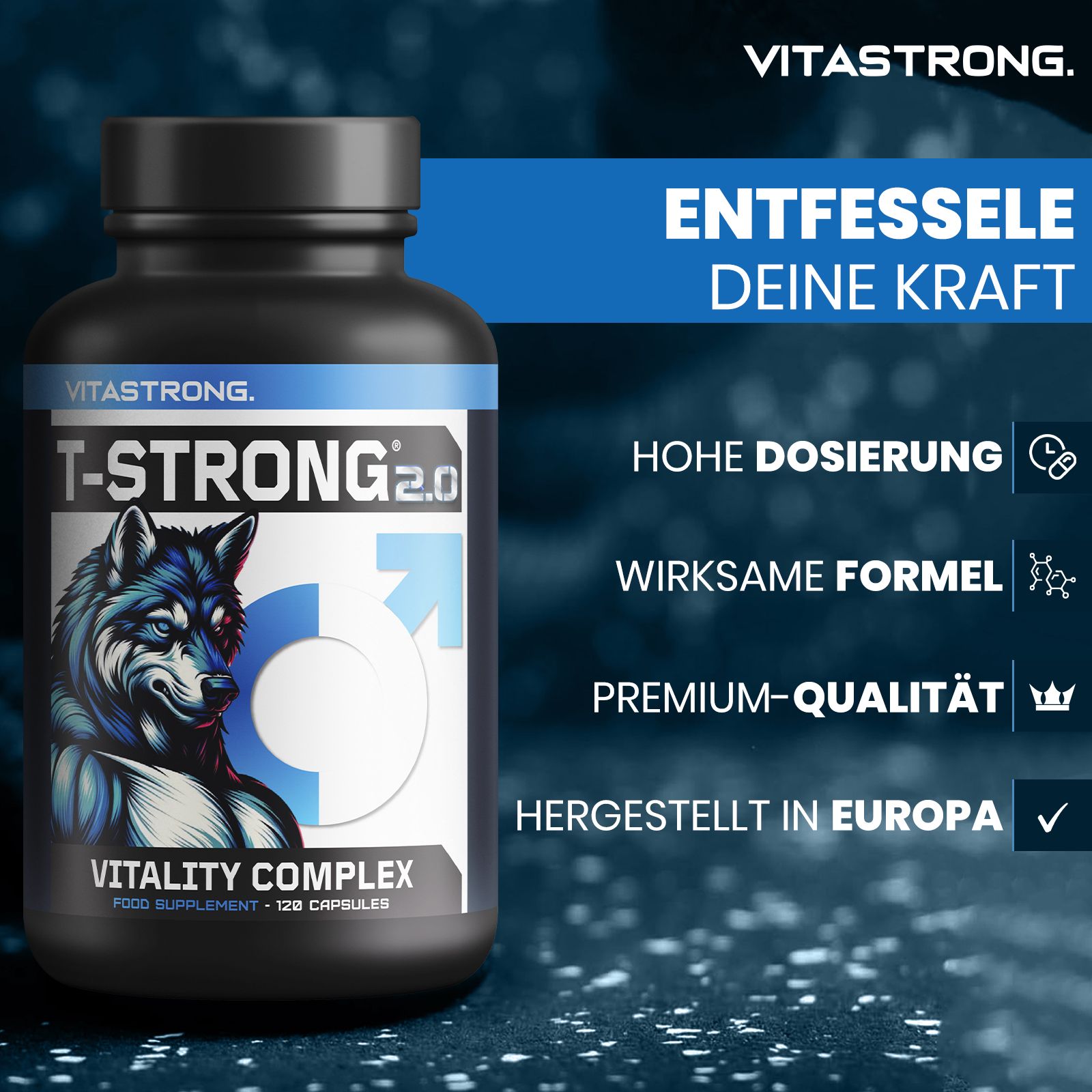 Vitastrong T-STRONG 2.0 Flasche. Schwarze Flasche mit blauem Etikett. Enthält 120 Kapseln. Hergestellt in Europa.