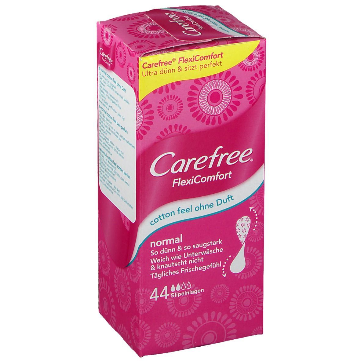 Rosa Verpackung mit Produktinformationen. Aufschrift: Carefree FlexiComfort. 44 Slipeinlagen. Produktabbildung.