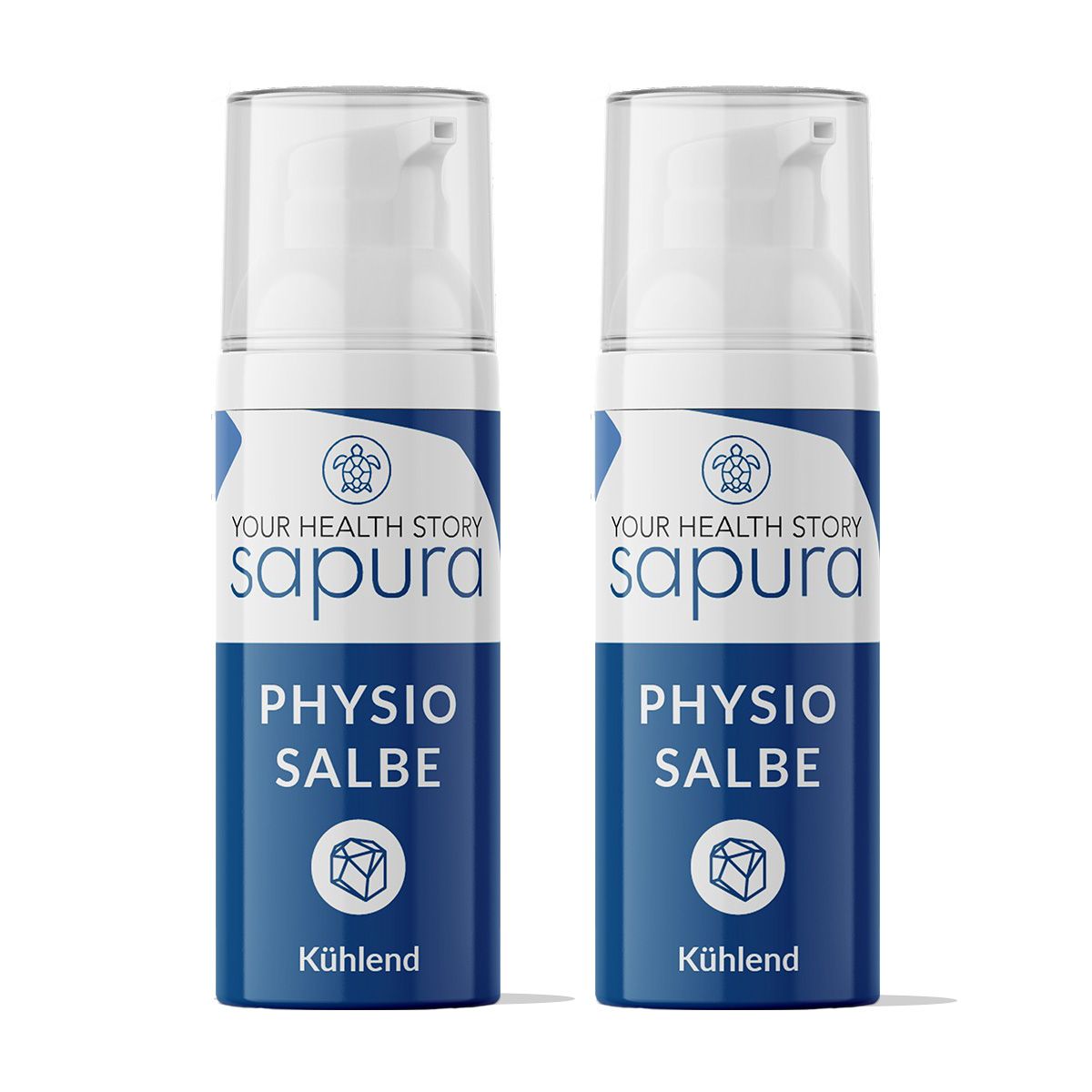 Zwei blaue Flaschen mit weißem Deckel. Aufschrift: SAPURA, Physio Salbe, kühlend.