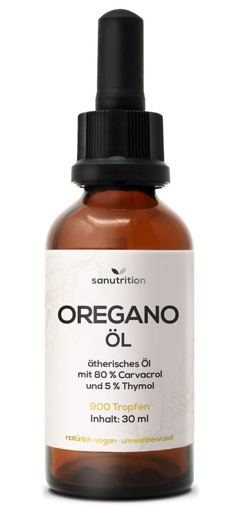 Braune Glasflasche mit Oreganoöl und Pipette. Text: 'Oregano Öl' und '900 Tropfen'. Marke: Sanutrition.