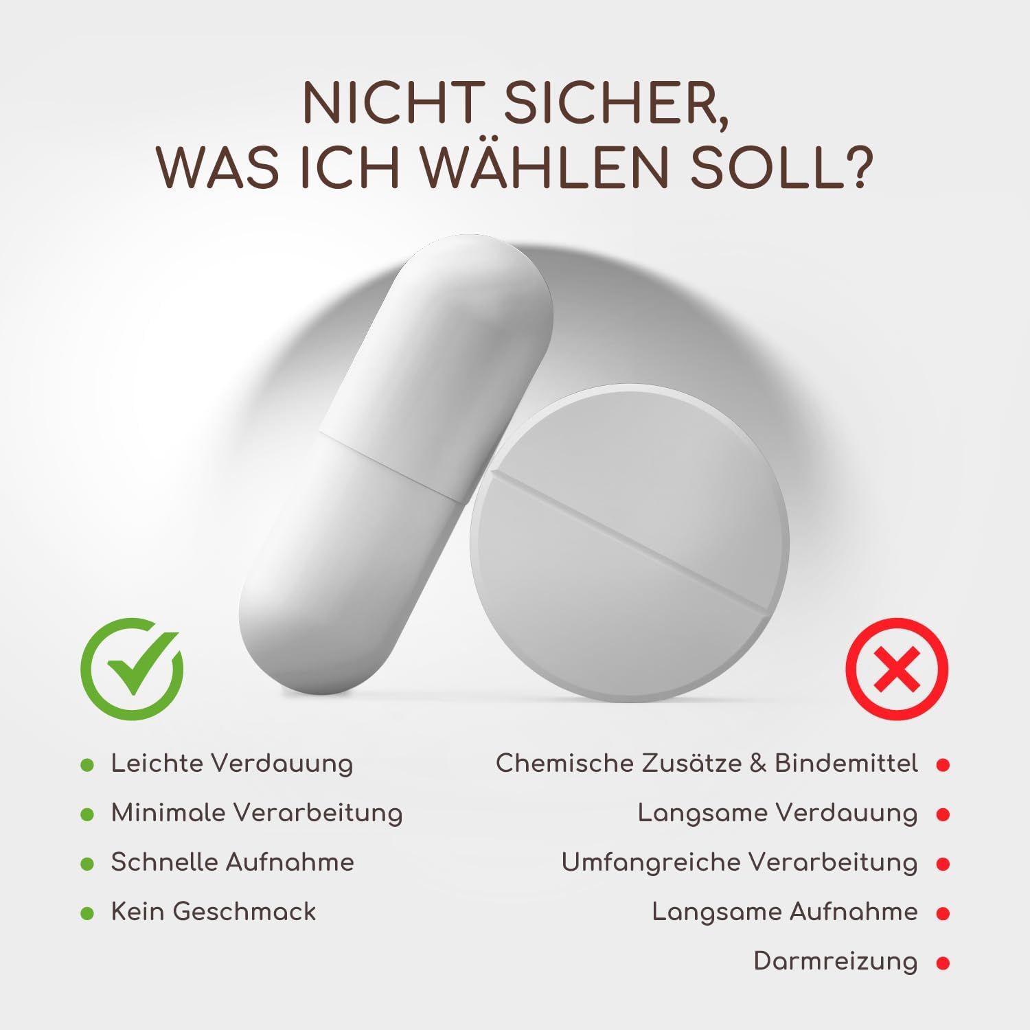 Kapsel und Tablette. Text: Leichte Verdauung, minimale Verarbeitung, schnelle Aufnahme, kein Geschmack. Keine chemischen Zusätze.