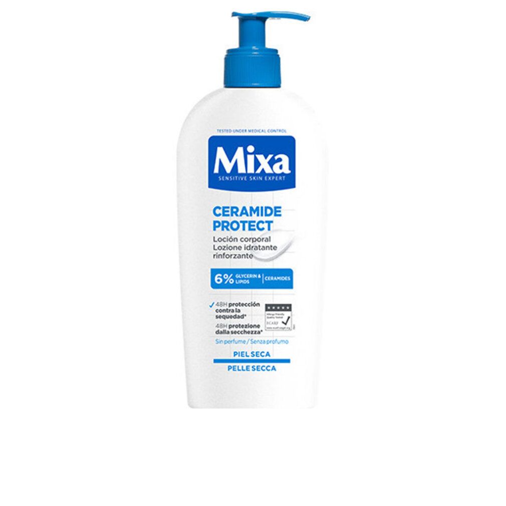 Weiße Flasche mit blauem Pumpkopf. Aufschrift: Mixa, Ceramide Protect, Lotion pour le Corps, Peaux Sèches. 6% Ceramide.