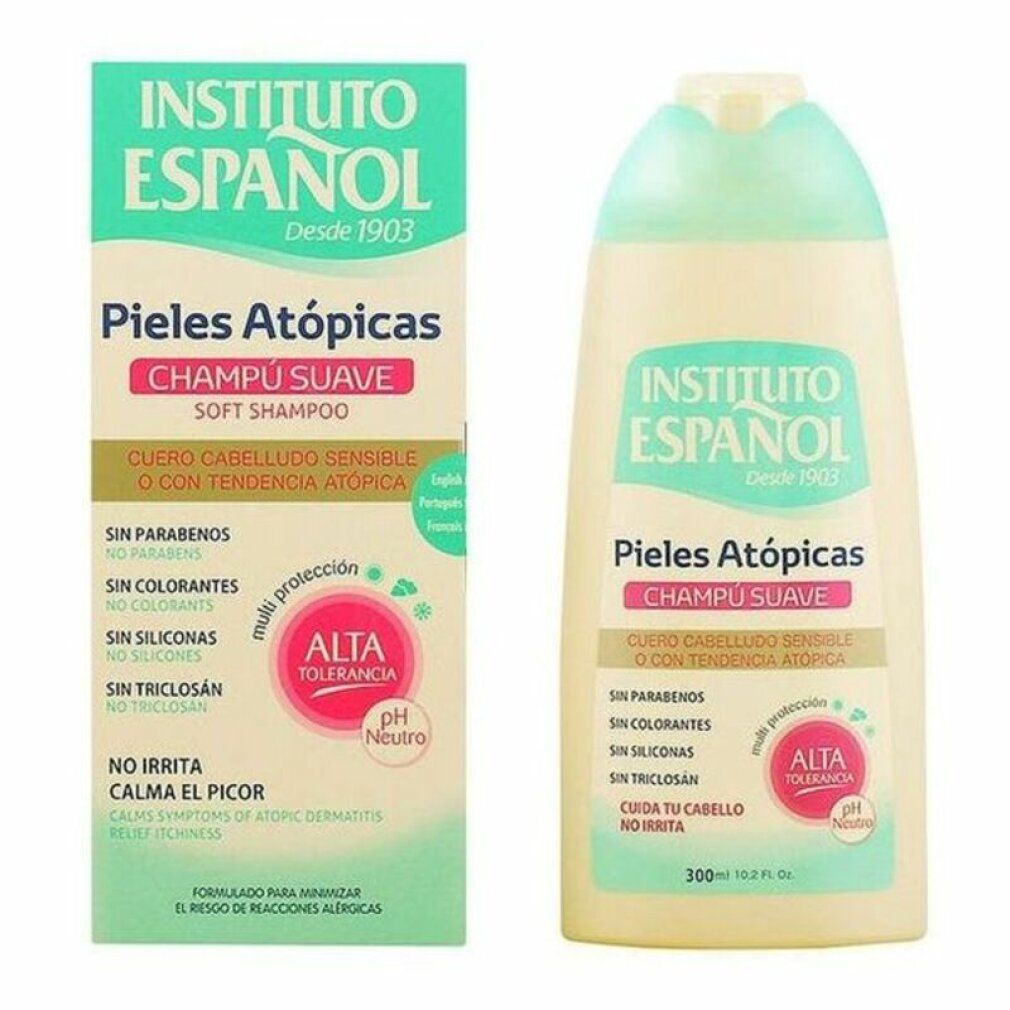 Shampoo und Verpackung. Aufschrift: Instituto Español, Pieles Atópicas, Champú Suave. Enthält keine Parabene, Farbstoffe, Silikone, Triclosan.