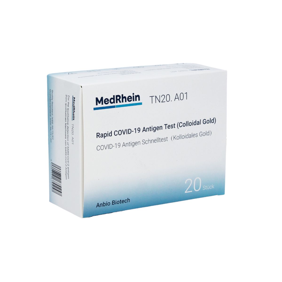 Weiße Schachtel mit Aufschrift "MedRhein". Enthält 20 Antigen-Schnelltests für COVID-19. Text in Deutsch und Englisch.