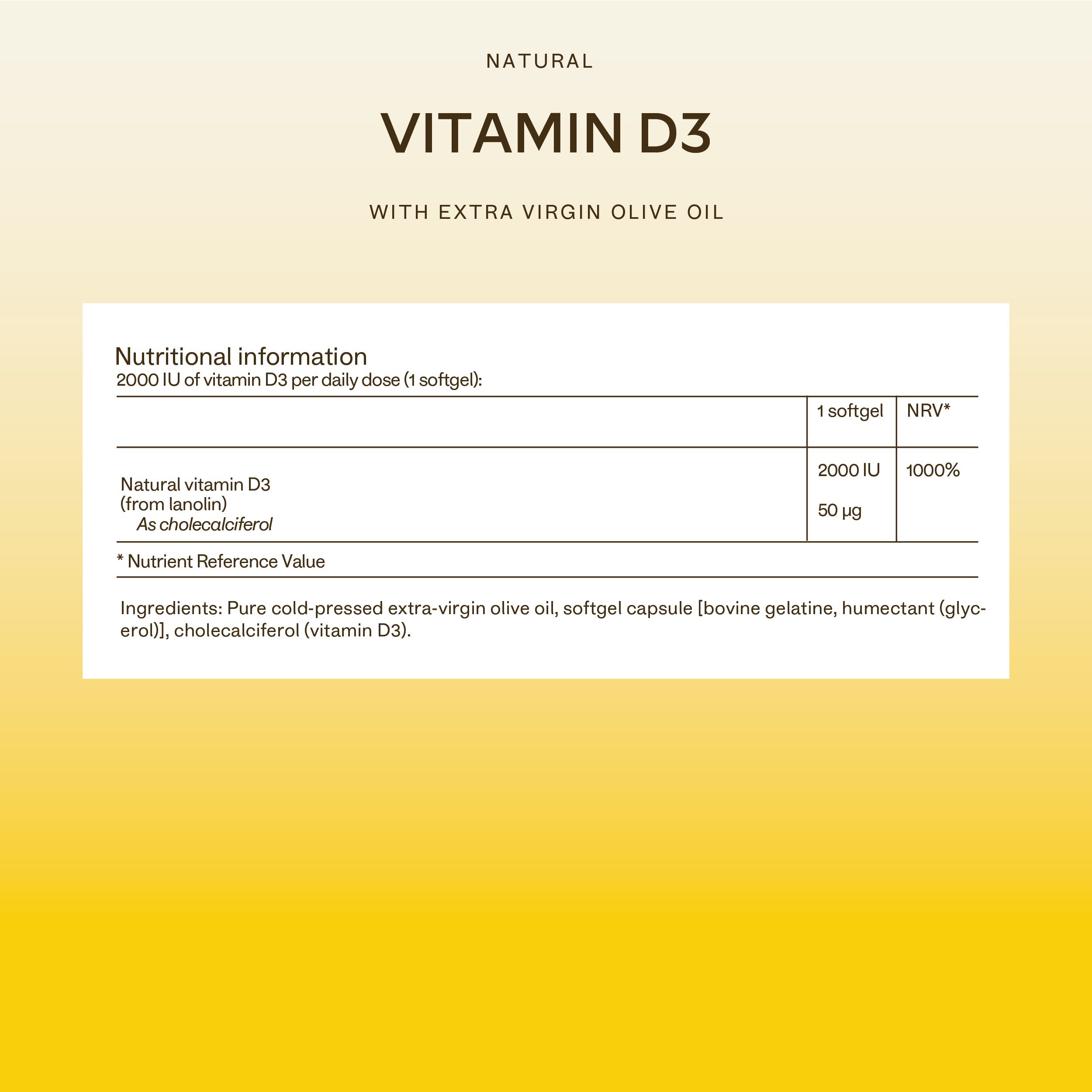 Nährwertinformationen für Vitamin D3. Enthält Angaben zu Dosierung und Inhaltsstoffen.