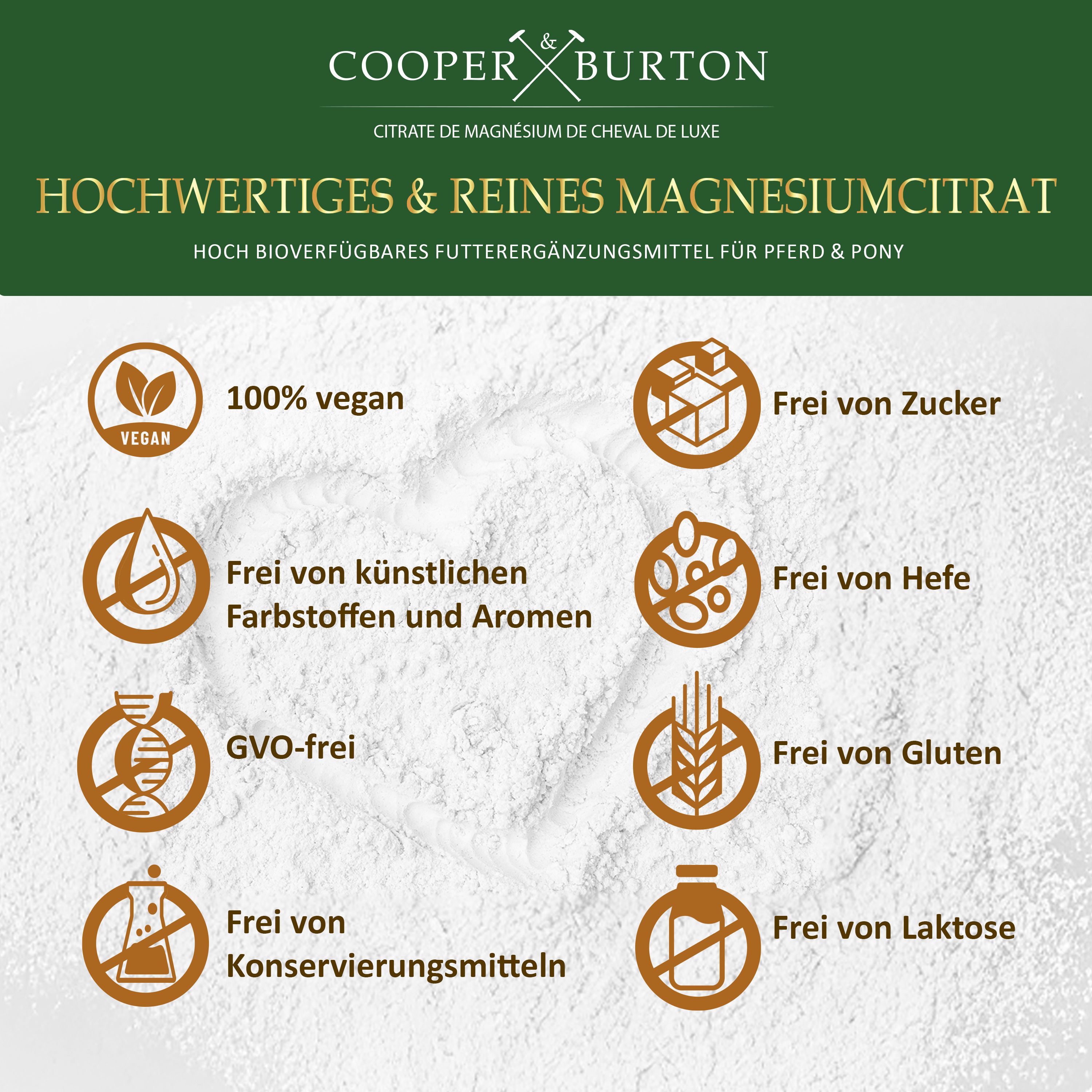 Grafik mit Icons. Text: 100% vegan, frei von Zucker, künstlichen Farbstoffen und Aromen, GVO-frei, frei von Konservierungsmitteln, Hefe, Gluten, Laktose.