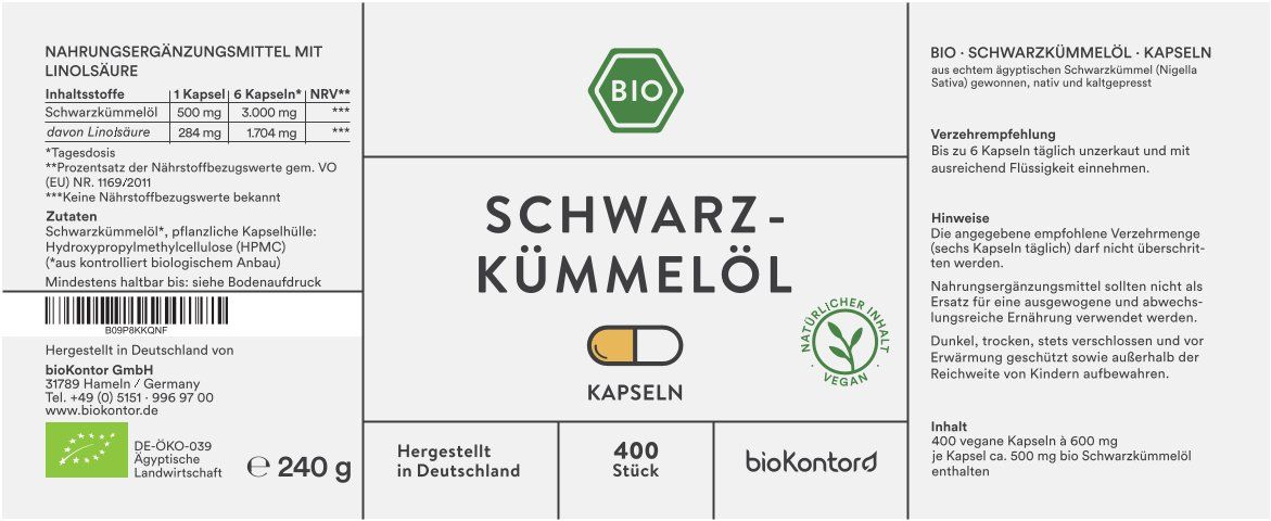 Etikett mit Informationen zu Schwarzkümmelöl Kapseln. Enthält Nährwertangaben, Zutaten, und Herstellerinformationen.