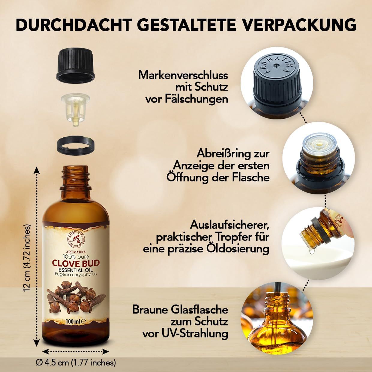 Braune Glasflasche mit schwarzem Schraubverschluss, 100 ml Clove Bud Essential Oil.