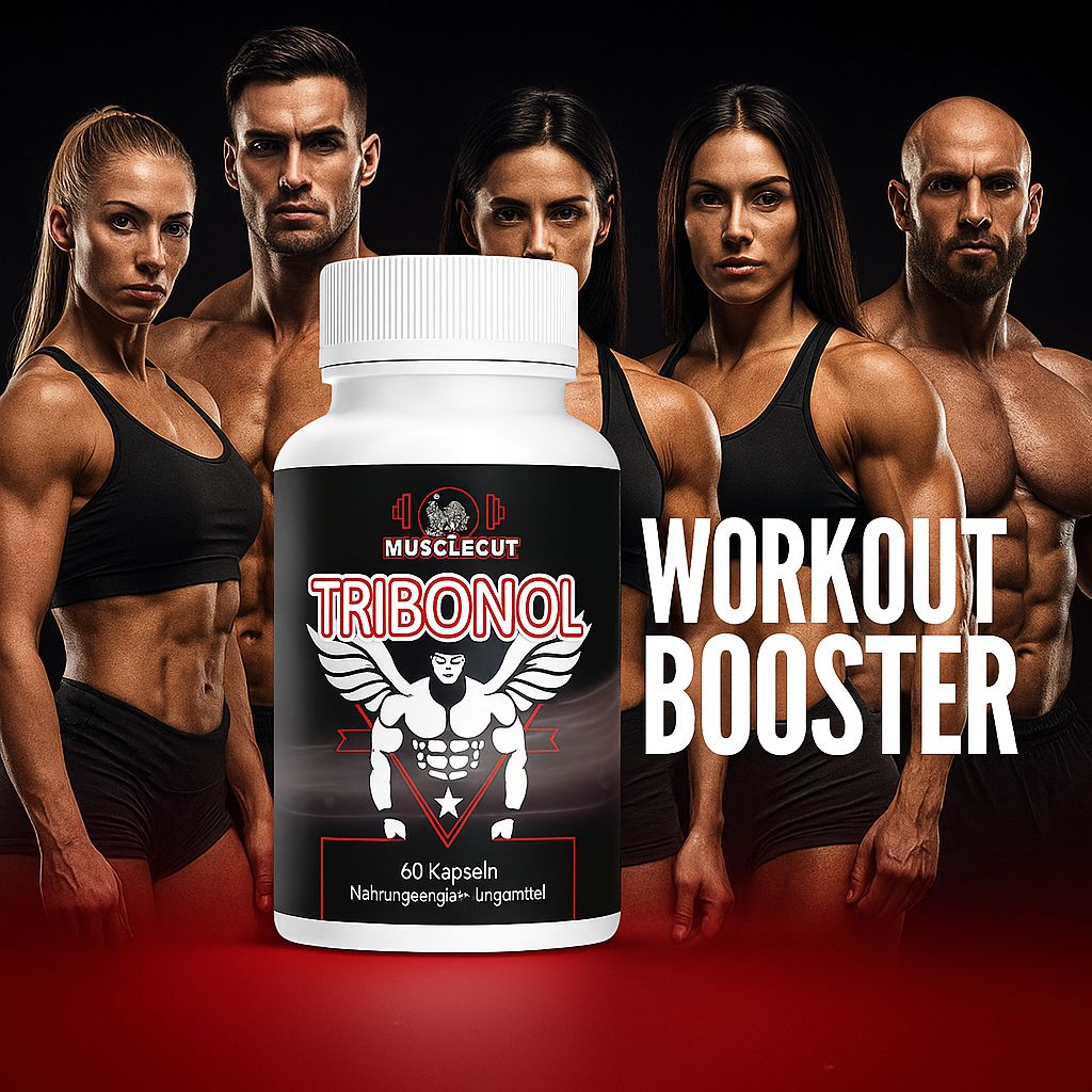 Weiße Flasche mit schwarzem Etikett vor muskulösen Personen. Aufschrift: Tribonol, 60 Kapseln. Text: WORKOUT BOOSTER.