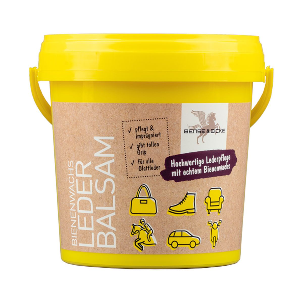 Gelber Eimer mit Bienenwachs-Lederbalsam. Aufschrift: BENSE & ECKE, Bienenwachs Leder Balsam. Illustrationen von Taschen, Schuhen, Möbeln, Pferd, Auto, Motorroller.