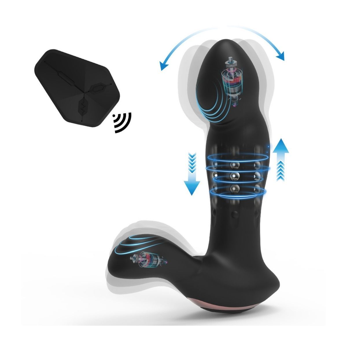 Schwarzes, L-förmiges Wellness-Produkt mit rosa Basis. Fernbedienung. Blaue Pfeile zeigen Funktionen. Transparente Bereiche.