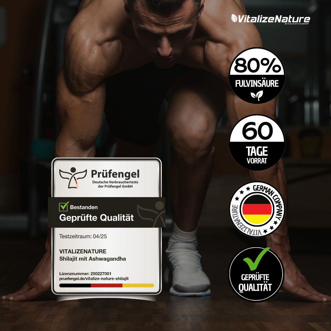 Mann, der sich aufwärmt. Produkt- und Zertifizierungslogos. 80% Fulvinsäure, 60 Tage Vorrat. Geprüfte Qualität.