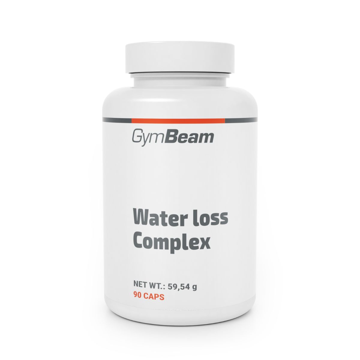 Weiße Kapsel-Flasche mit GymBeam-Logo und "Water loss Complex" Aufschrift. Enthält 90 Kapseln.
