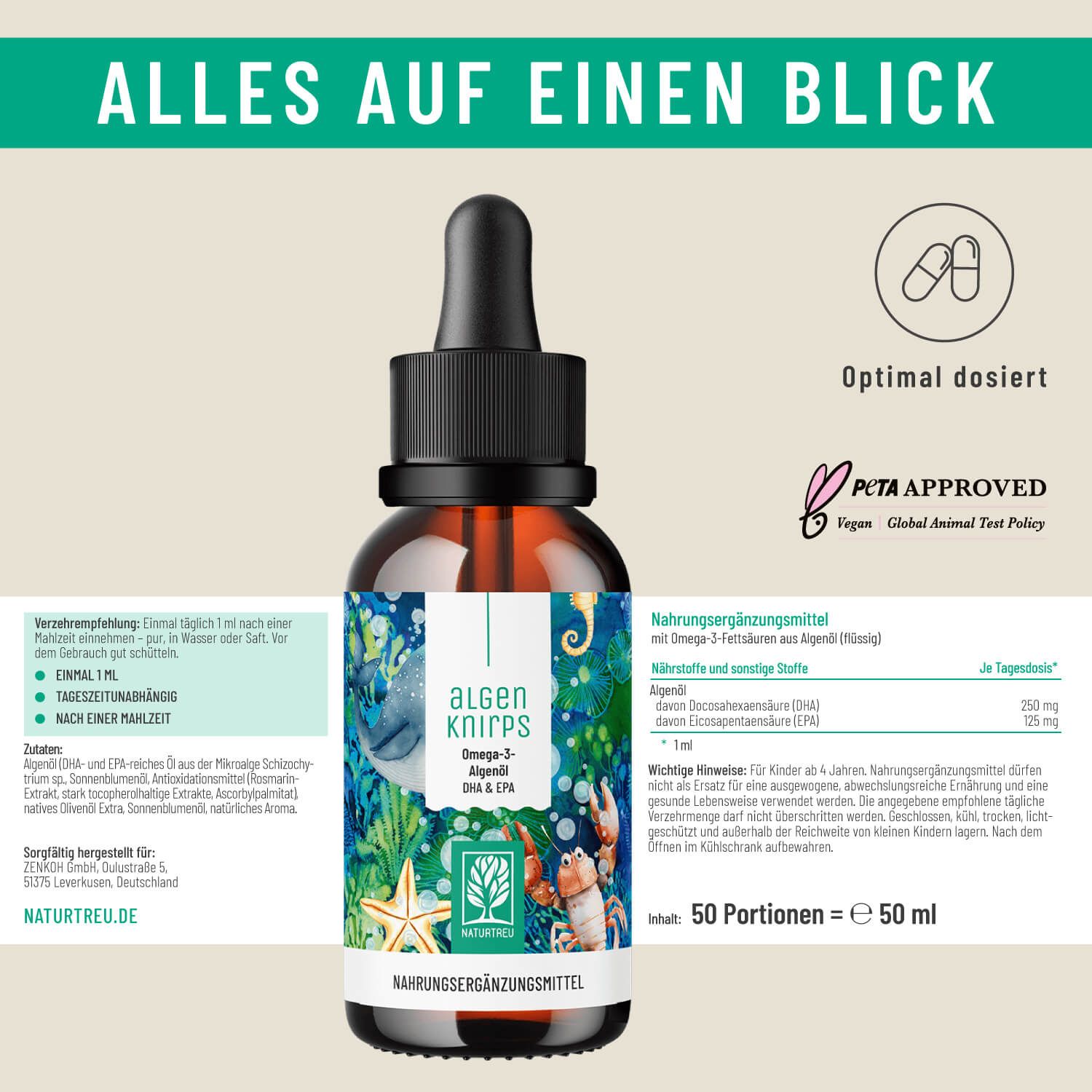 Braune Glasflasche mit "ALGENKNIRPS"-Etikett und Tropfer. Text: Omega-3 DHA & EPA. PETA-Siegel.  50 Portionen = 50 ml.  Illustrationen.