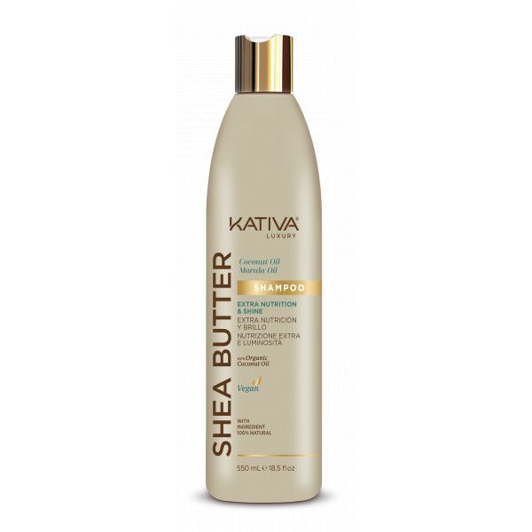 Beige Shampoo-Flasche mit goldfarbenem Deckel. Aufschrift: Shea Butter, Kativa Luxury, Shampoo, Extra Nutrition & Shine, Vegan.