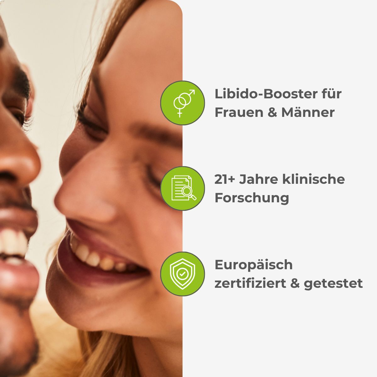 Gesichter von Mann und Frau. Text: Libido-Booster, 21+ Jahre Forschung, Europäisch zertifiziert.