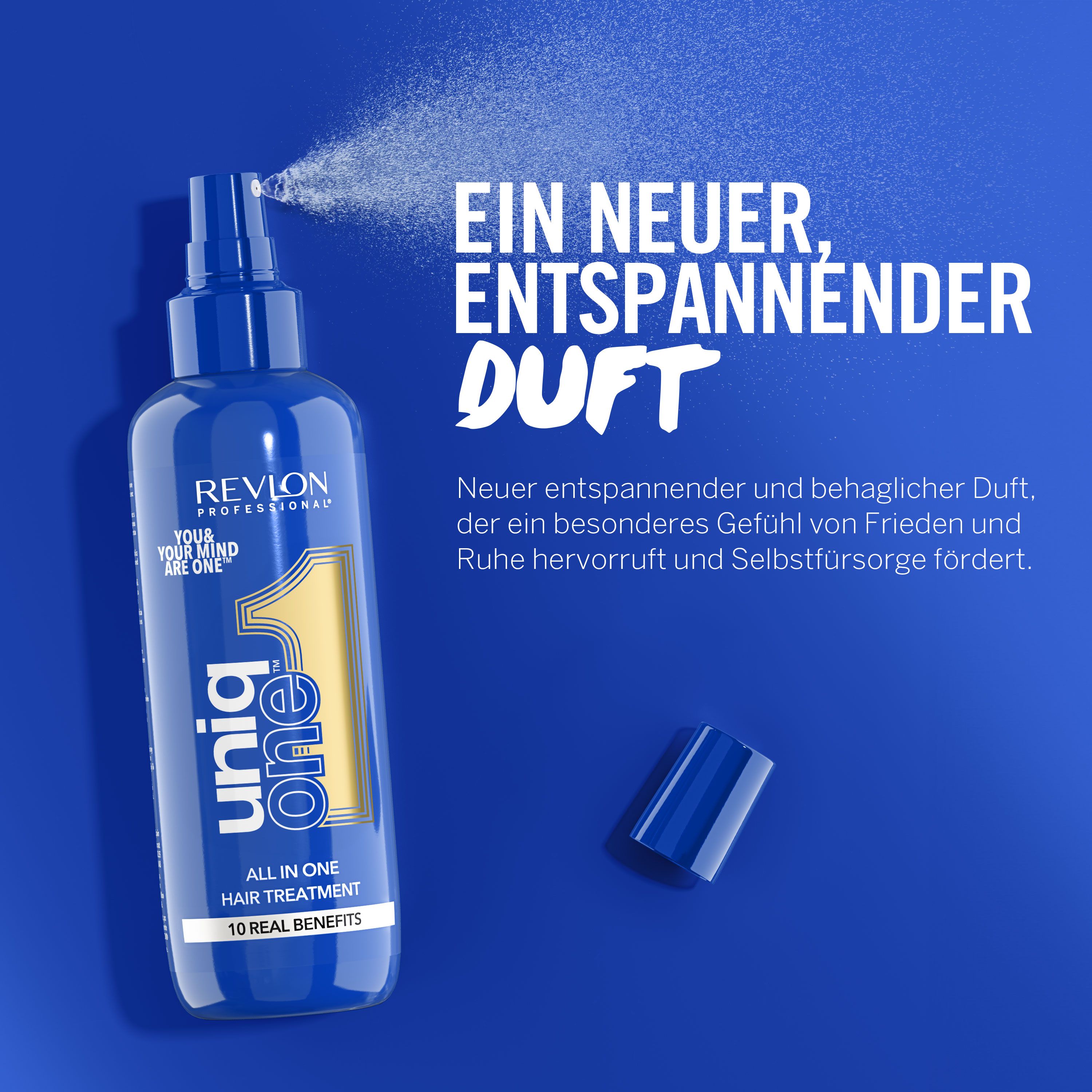Blaue Flasche UniqOne mit Sprühnebel. Text: Ein neuer, entspannender Duft.