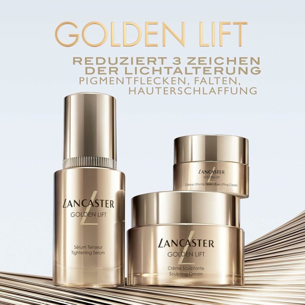Drei goldfarbene Tiegel und Flaschen. Aufschrift: Lancaster Golden Lift. Text: Reduziert 3 Zeichen der Lichtalterung.
