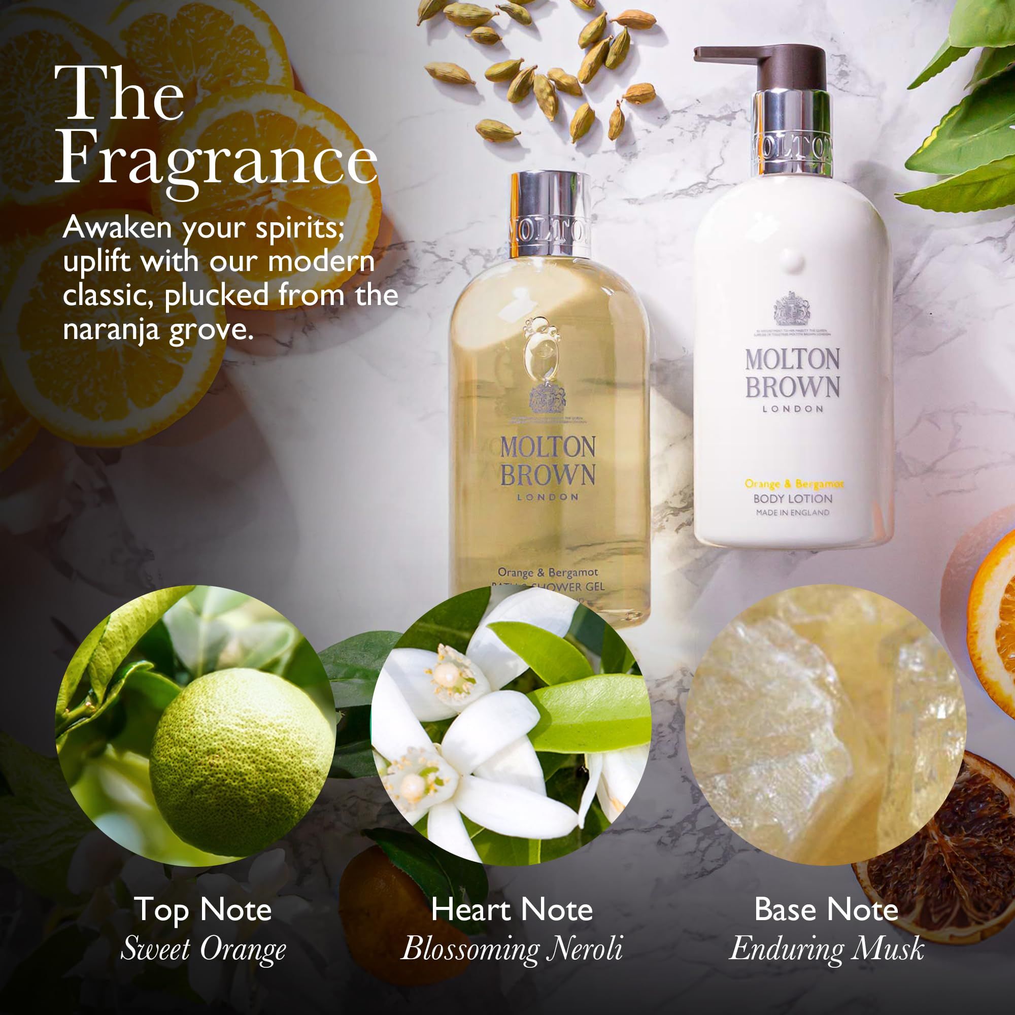 Molton Brown Orange & Bergamot Hand Cream Flakon und Body Lotion Flasche mit Duftkomponenten.