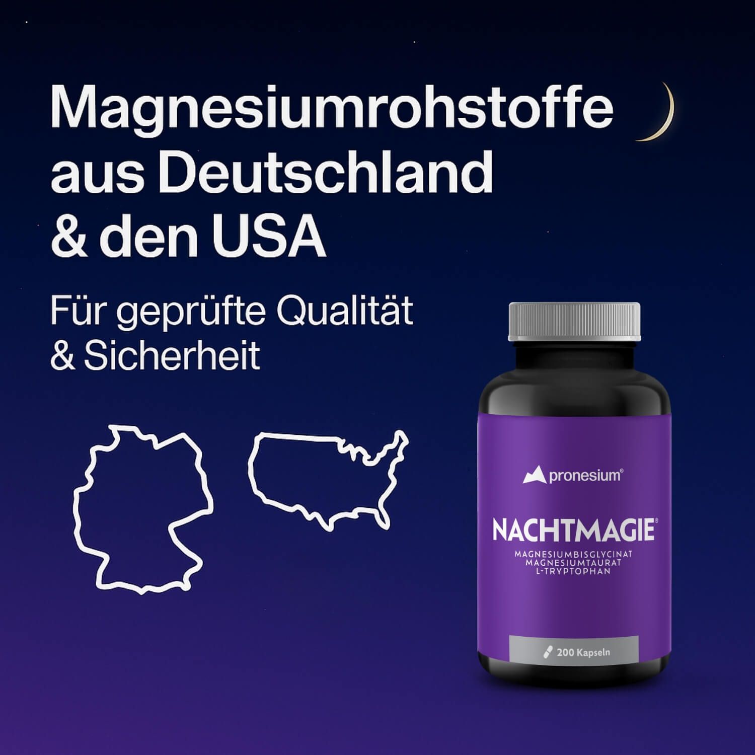 Flasche mit lila Etikett. Text: NACHTMAGIE, Magnesiumbisglycinat, Magnesiumtaurat, L-Tryptophan. 200 Kapseln. Karten von Deutschland und USA.