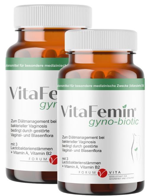 Zwei braune Flaschen mit weißen Deckeln. Aufschrift: VitaFemin gyno-biotic. Für bakterielle Vaginose. Mit 3 Laktobakterienstämmen.