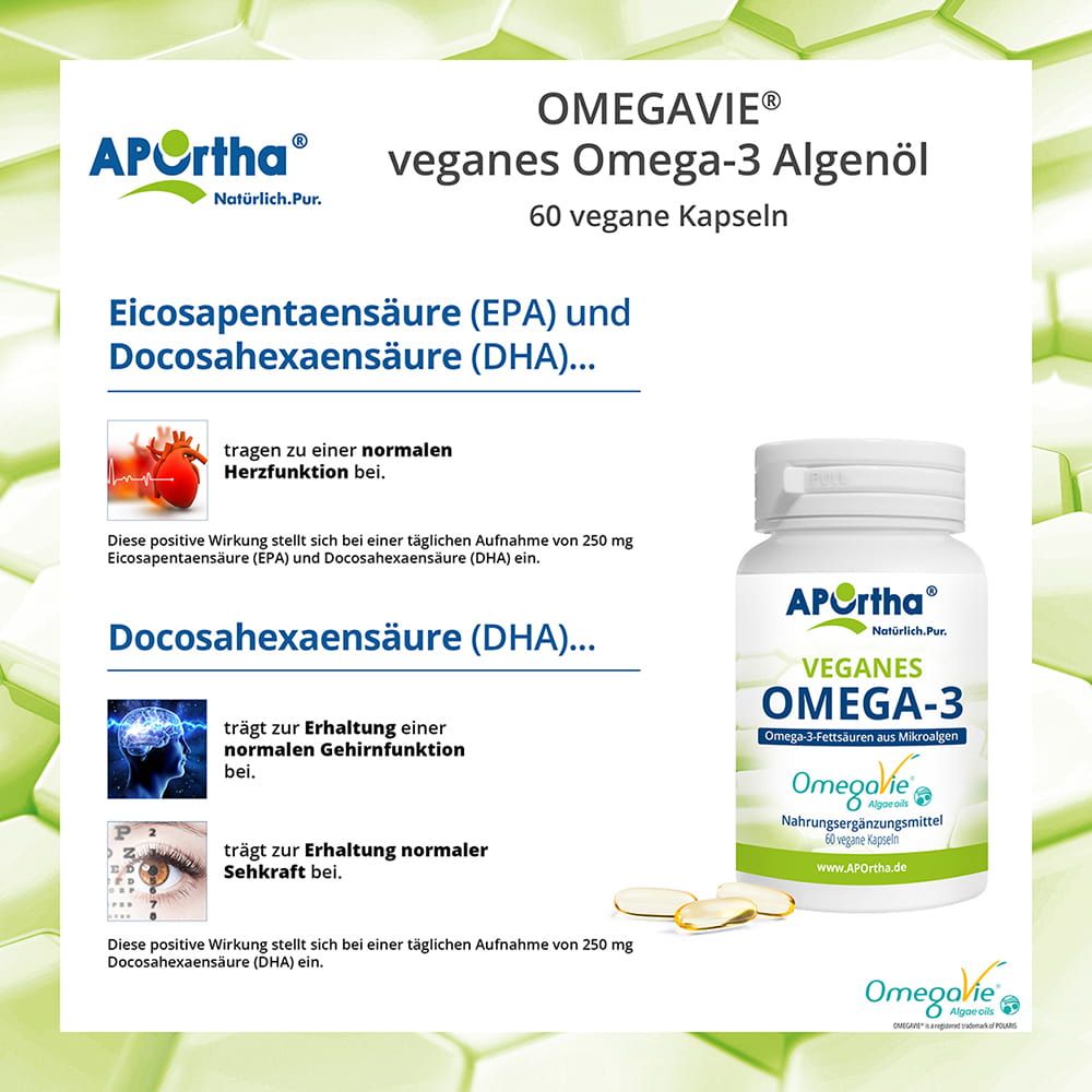 Produktabbildung mit Kapseln und Flasche. Zeigt Informationen zu EPA und DHA, sowie deren Wirkung auf die Gesundheit.