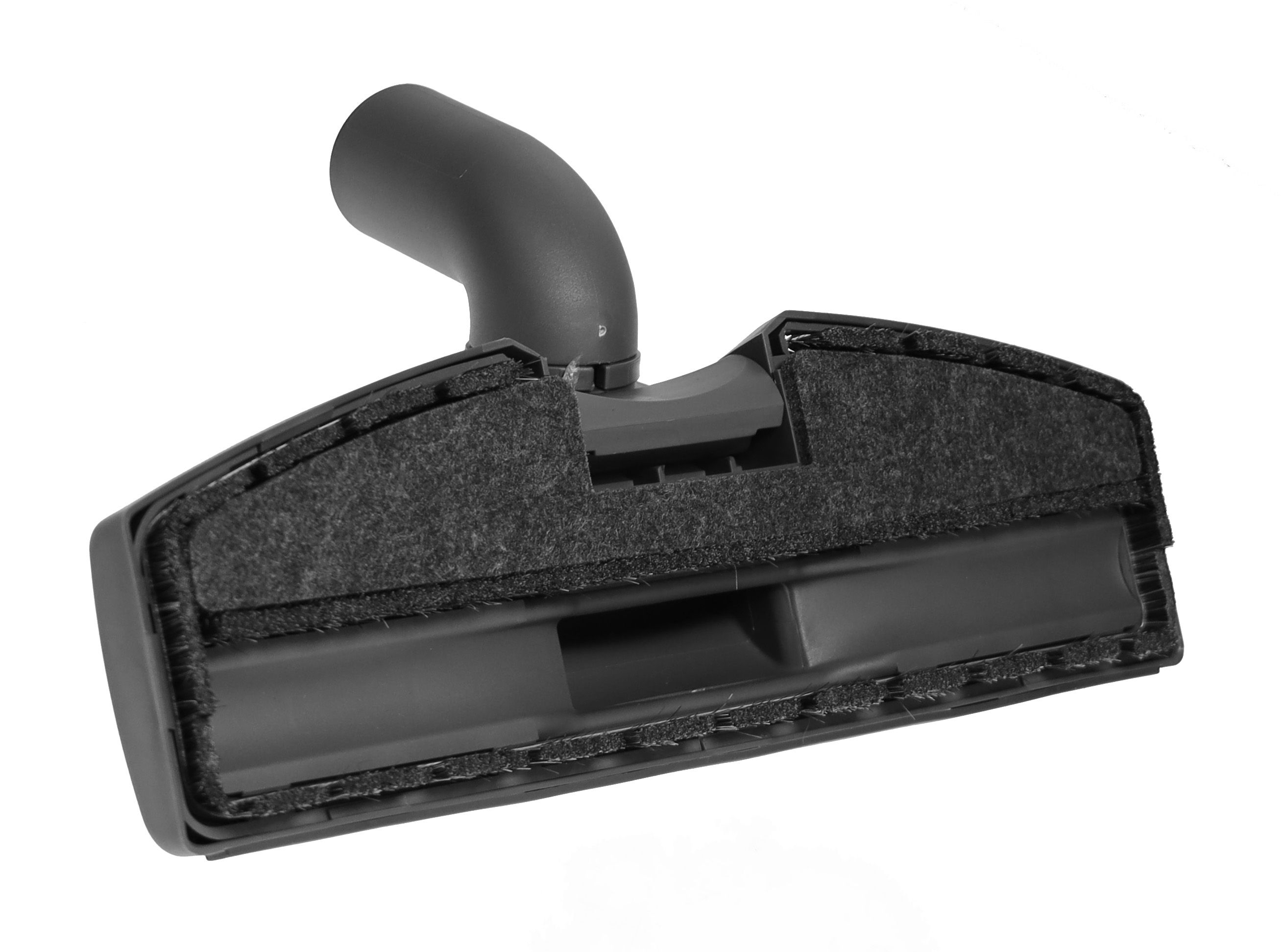 Dunkelgraue Parkettdüse mit schwarzem Filzrand und Anschluss. Oberseite mit gebogenem Anschlussrohr.