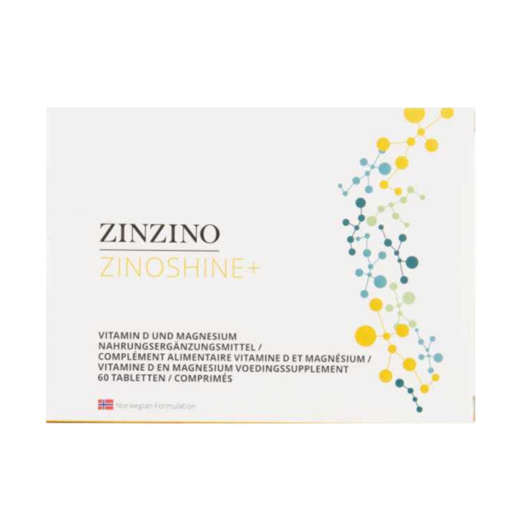 Weiße Schachtel mit Zinzino ZinoShine+ Schriftzug. Enthält 60 Tabletten. Aufdruck: Vitamin D und Magnesium. Norwegische Formulierung.