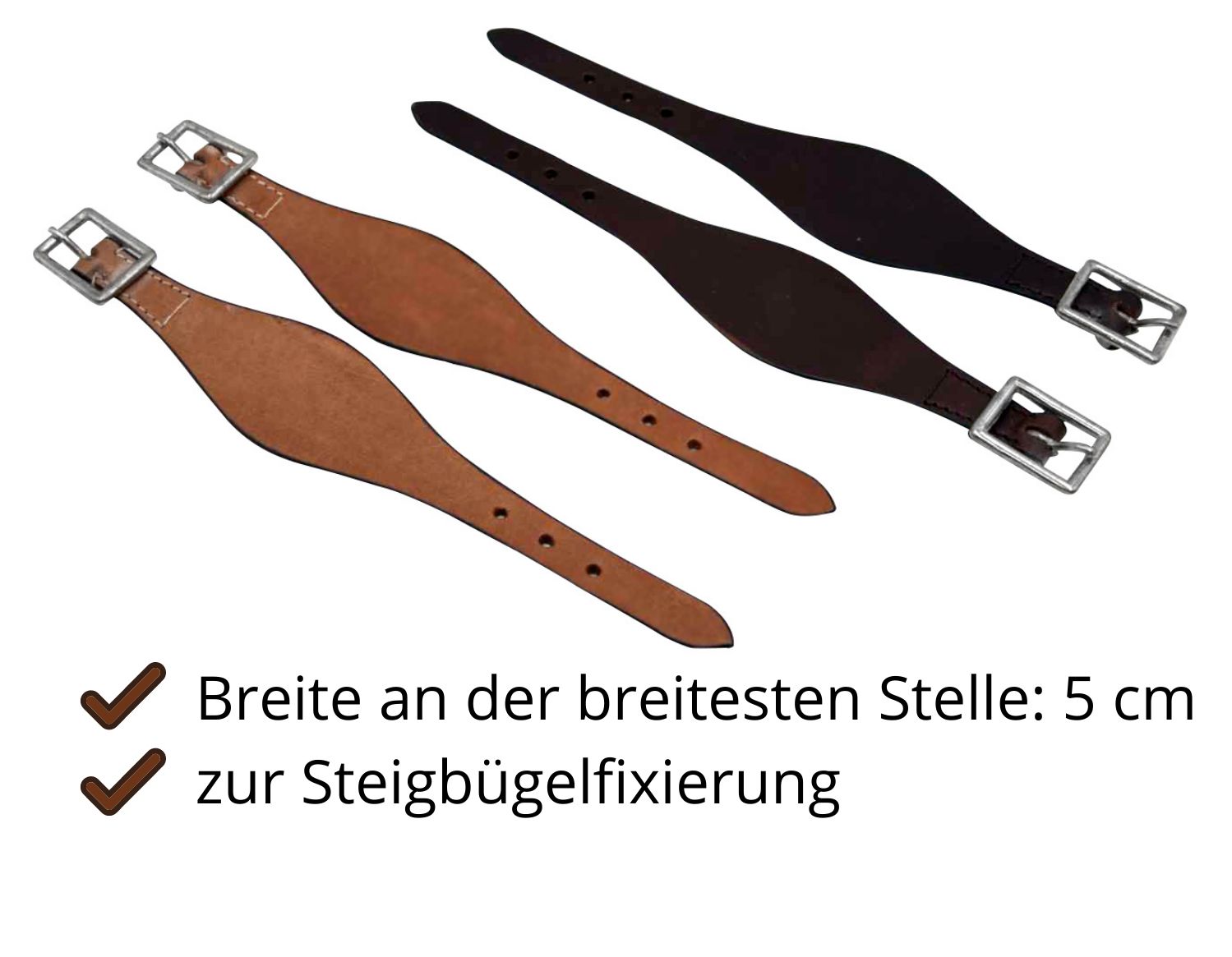 Vier Lederriemen mit Schnallen. Text: Breite an der breitesten Stelle: 5 cm zur Steigbügelfixierung.