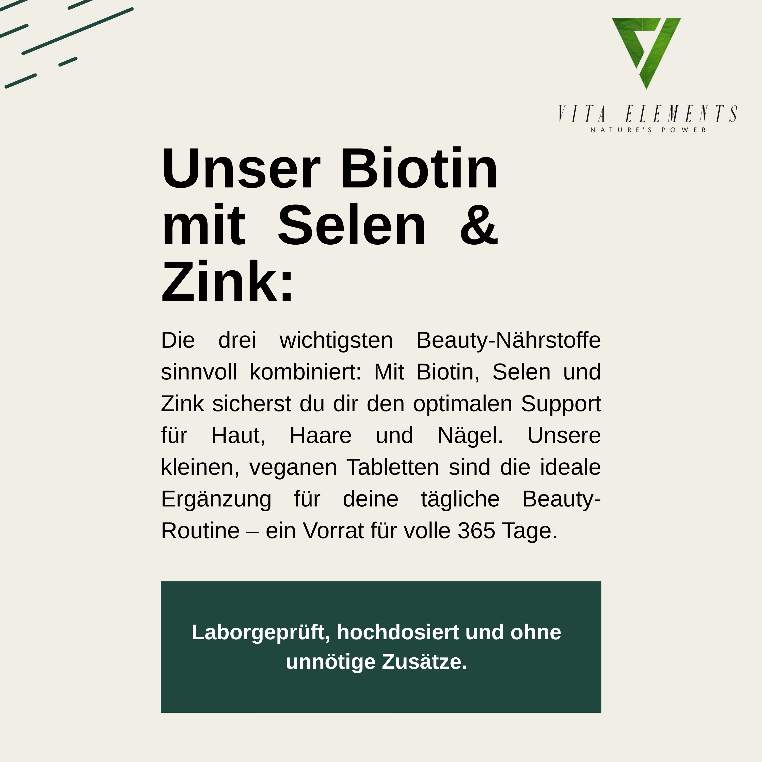 Text mit Produktnamen und Logo. Enthält Informationen zu Inhaltsstoffen und Vorteilen für Haut, Haare und Nägel.